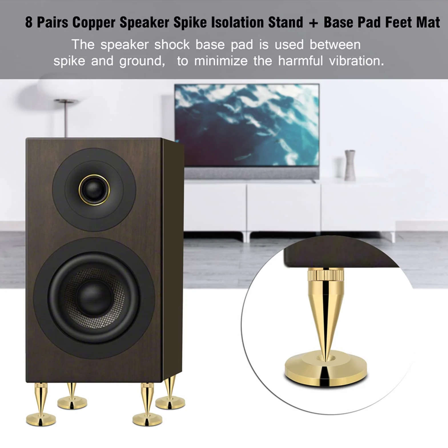 Lot de 8 pointes de haut-parleur en cuivre - Pieds de haut-parleur - Caisson de basses - Amortisseur - Pieds d'isolation - Support de haut-parleur pour appareils Hi-Fi, lecteur CD, platine