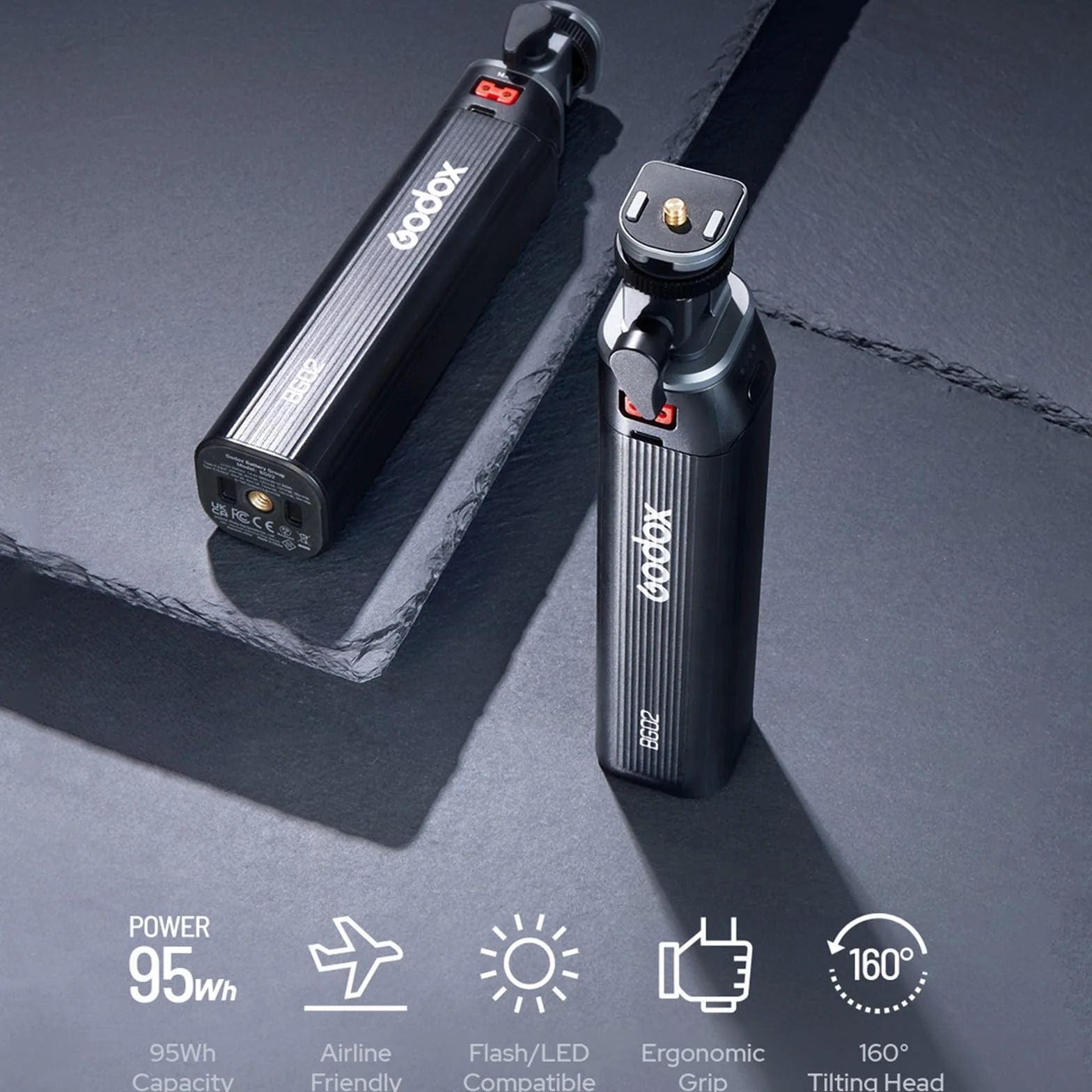 GODOX BG02 Poignée d'alimentation,Batterie Lithium 14.4V 6600mAh, avec D-Tap et Câble USB-C pour AD200 AD200Pro AD200ProII AD300 Pro Flash,pour ML100BI ML100R FH50Bi FH50R Lampe Vidéo LED
