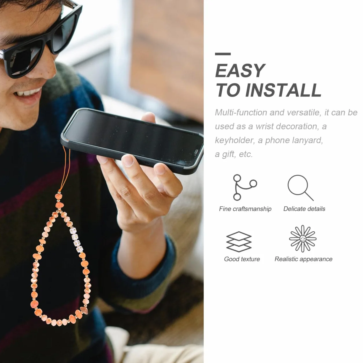 SEWACC Lanière Portable pour Téléphone avec Perles Décoratives Antidérapante Orange