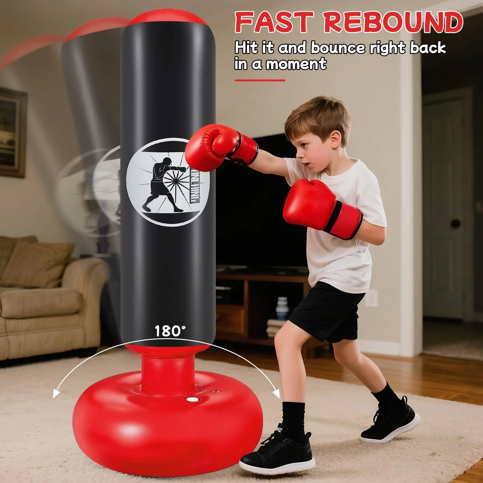Ninonly Sac de Boxe Enfant 160cm Gonflable avec Pompe et Gants, Set Punching Ball Cadeau 3-12 Ans