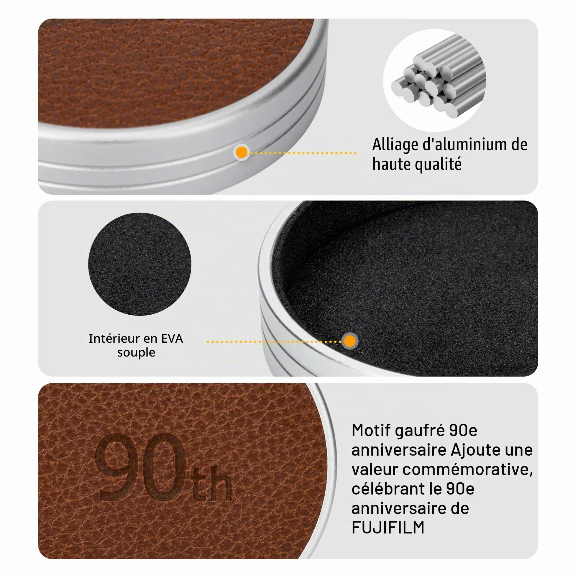 JJC Bouchon D'objectif en Métal pour Appareil Photo Fuji Instax Mini Evo, Accessoires Mini Evo en Aluminium avec Surface en Cuir et Intérieur en EVA Souple, Marron
