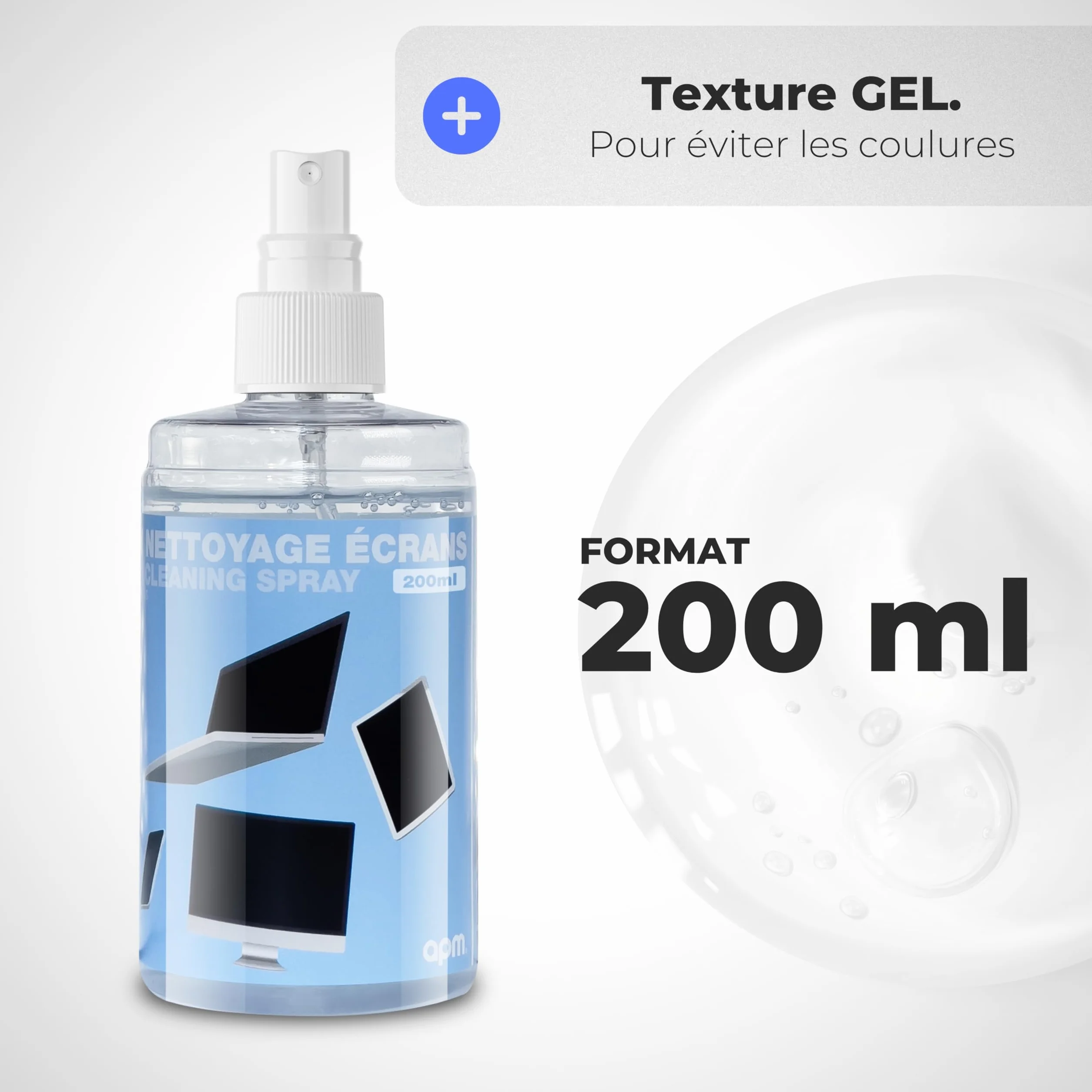 APM Spray Nettoyant Écran TV, PC, Smartphone, Tablette, Texture Gel Sans Alcool, Effet Antistatique, Anti-rayures, Anti-traces, Chiffon Microfibre Inclus, Nettoyage Sécurisé, 200ml, 600105