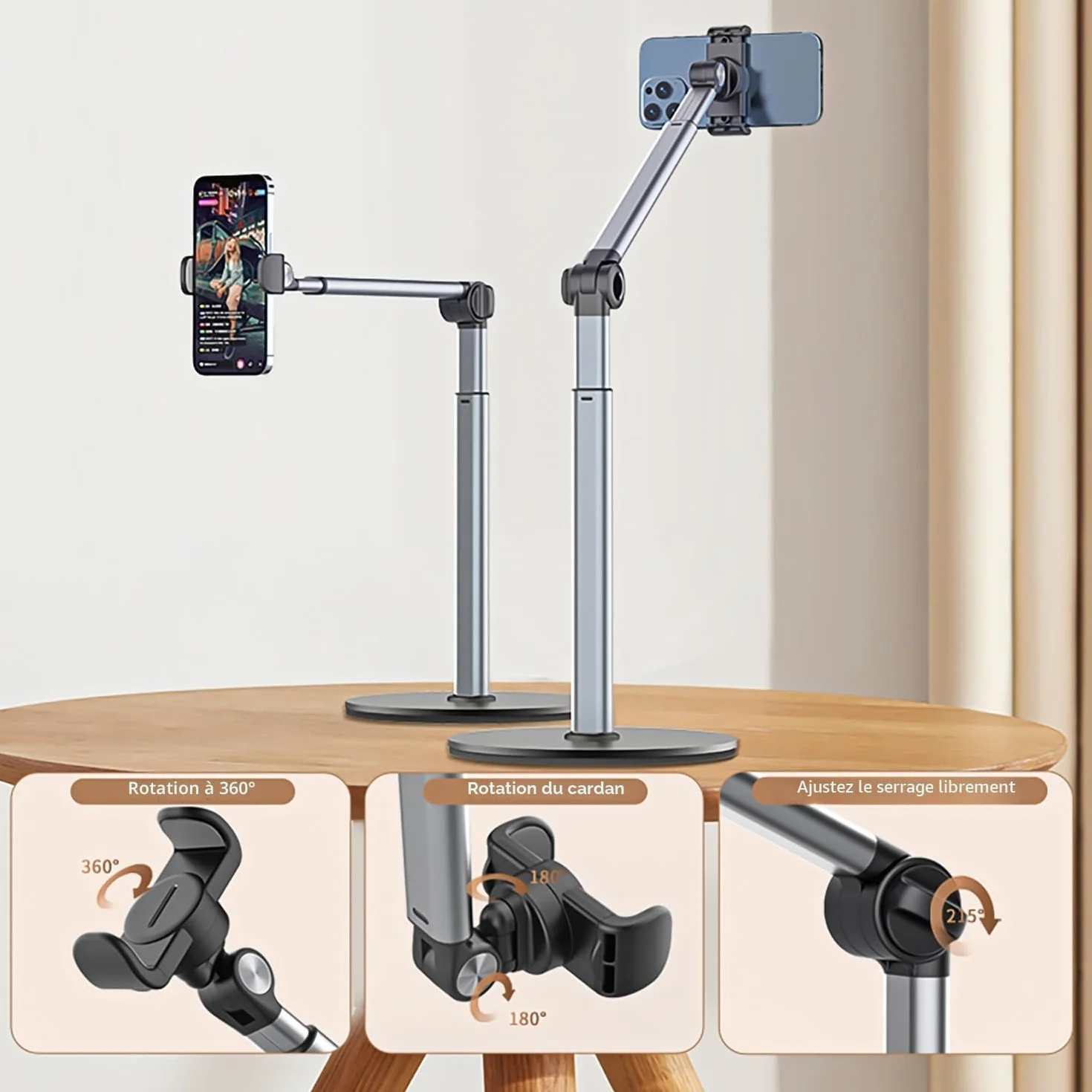 Support Téléphone Bras Articulé 30 CM Réglable Pliable pour iPhone, Diffusion en Direct, Enregistrement Vidéo