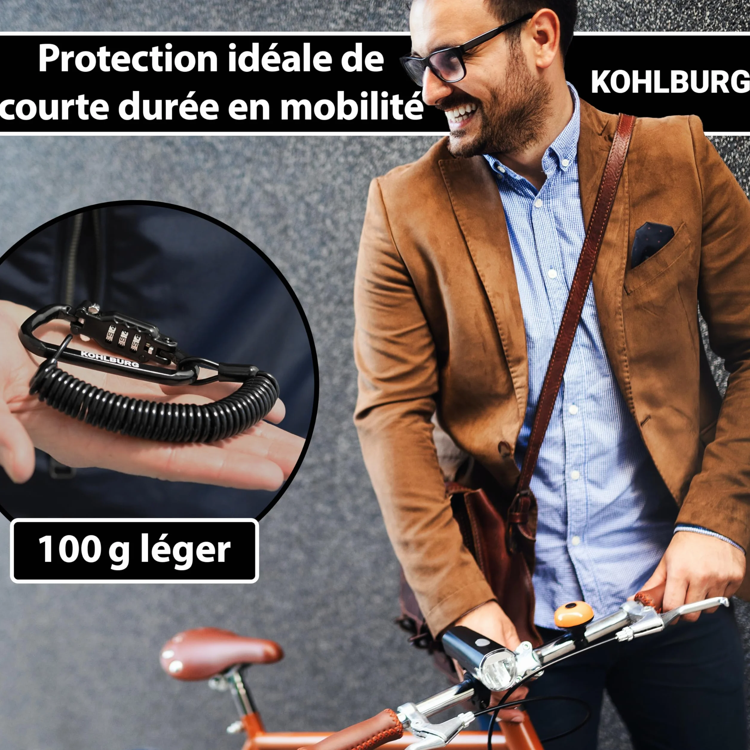 KOHLBURG Cable antivol 180 cm flexible solide cadenas code 3 mm pour poussette casque snowboard ski vélo