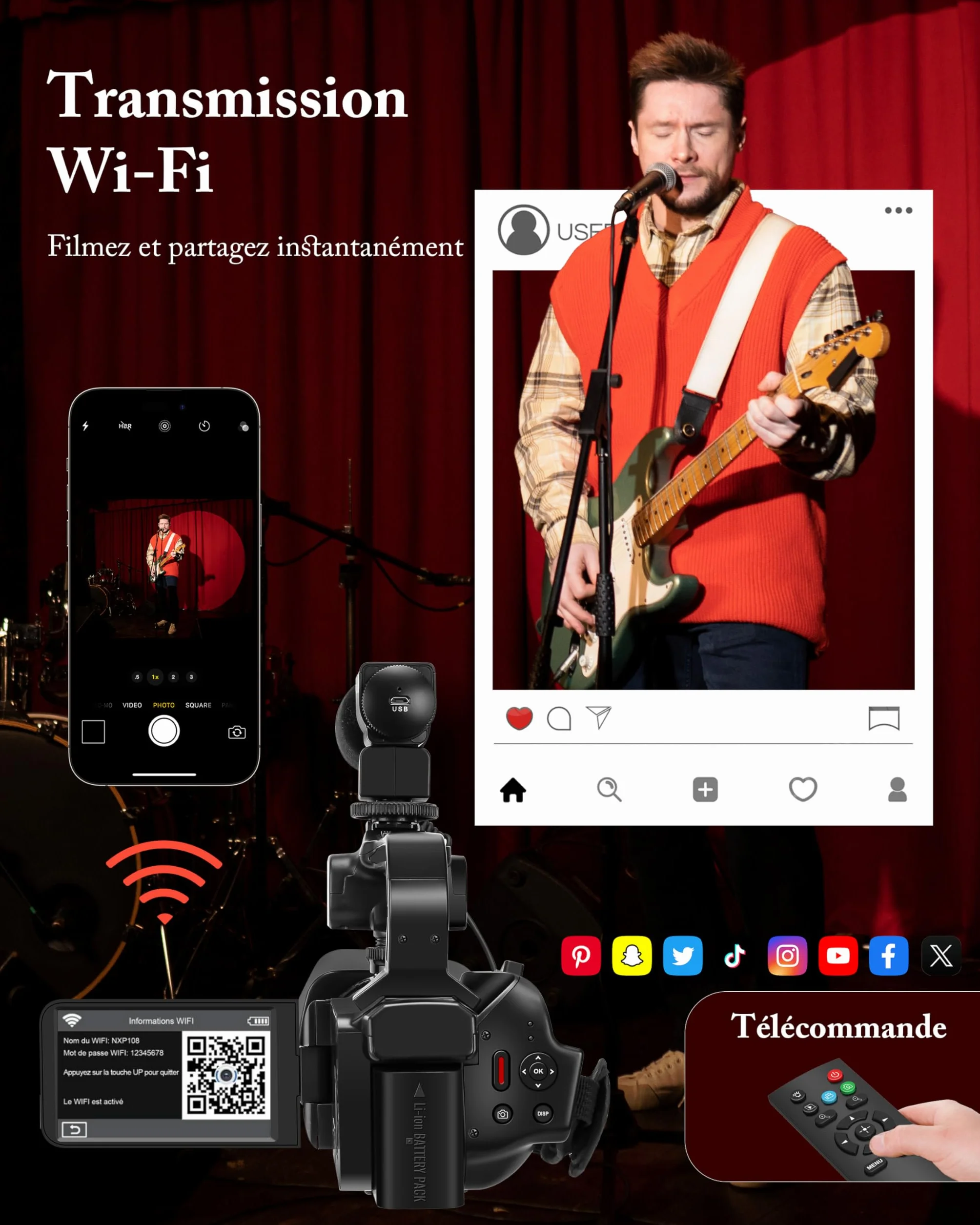 Caméscope 6K 64MP WiFi Vision Nocturne Infrarouge 18X Zoom Numérique avec Pile 4500mAh, Carte SD 64 Go