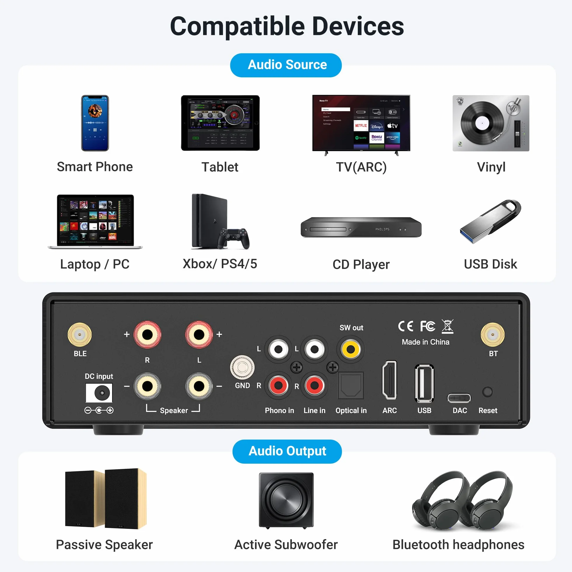 Arylic B50 Amplificateur Stéréo Bluetooth 2 Canaux 50Wx2 Home Audio avec HDMI Arc Opt DAC Phono