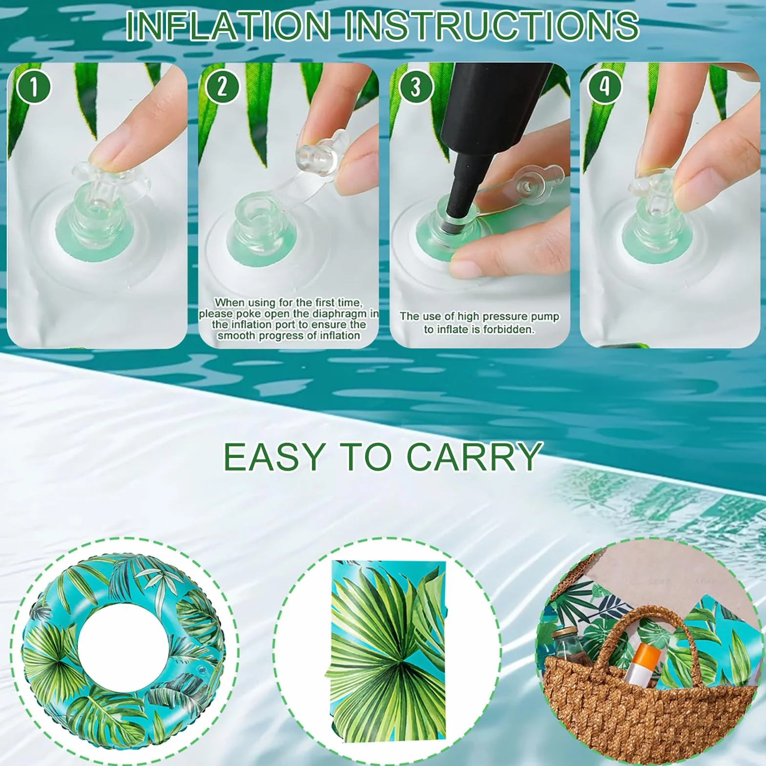 Inflatable Pool Tubes, Floating Swim Rings, Beach Floats, PVC, Green/Red Leaf