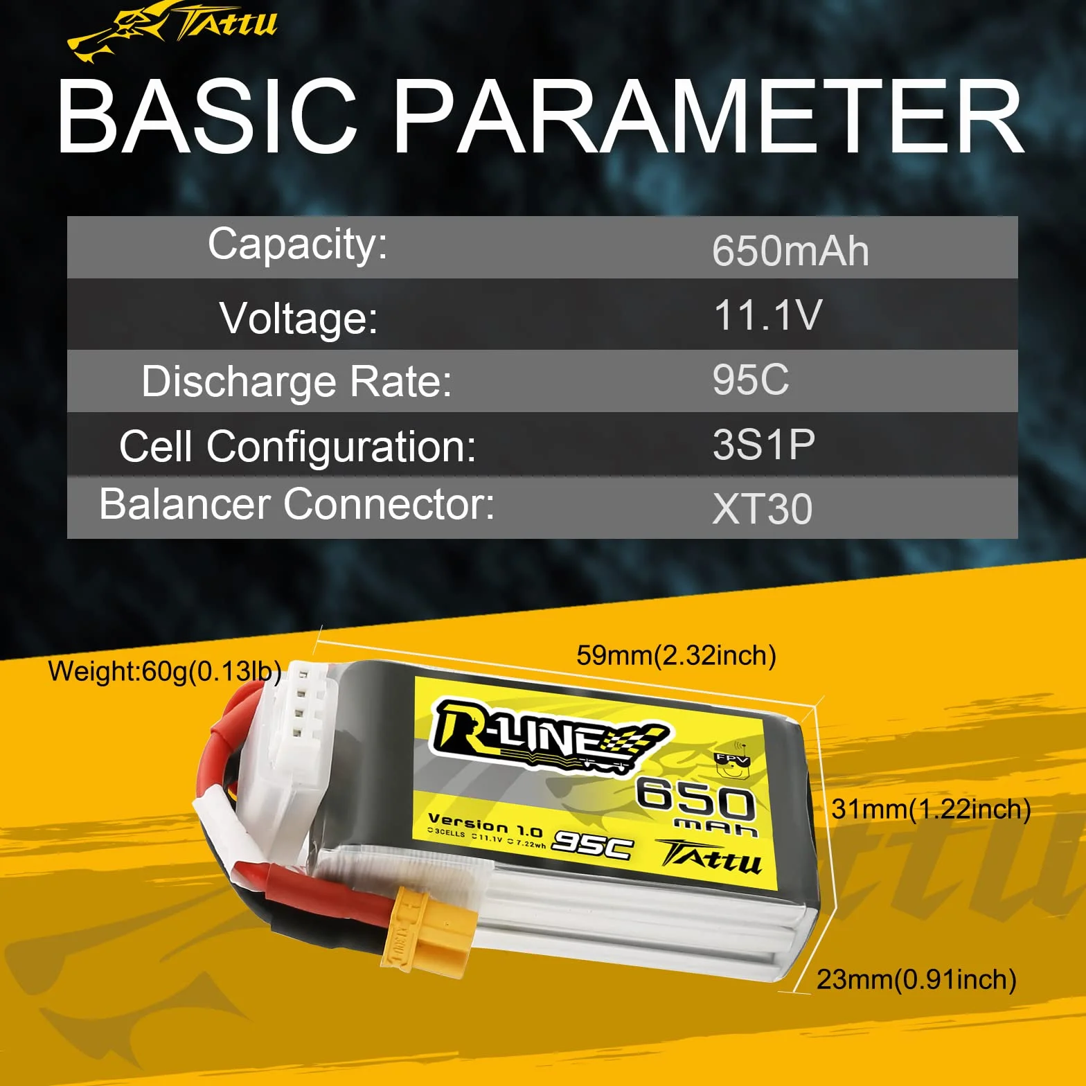 Tattu 3S Lipo Battery 11.1V 650mAh 95C Soft Case R-Line Lipo Battery Pack avec connecteur XT30 pour UAV Drone FPV Racing RC Quadcopter multirotor de Taille 100 à 180