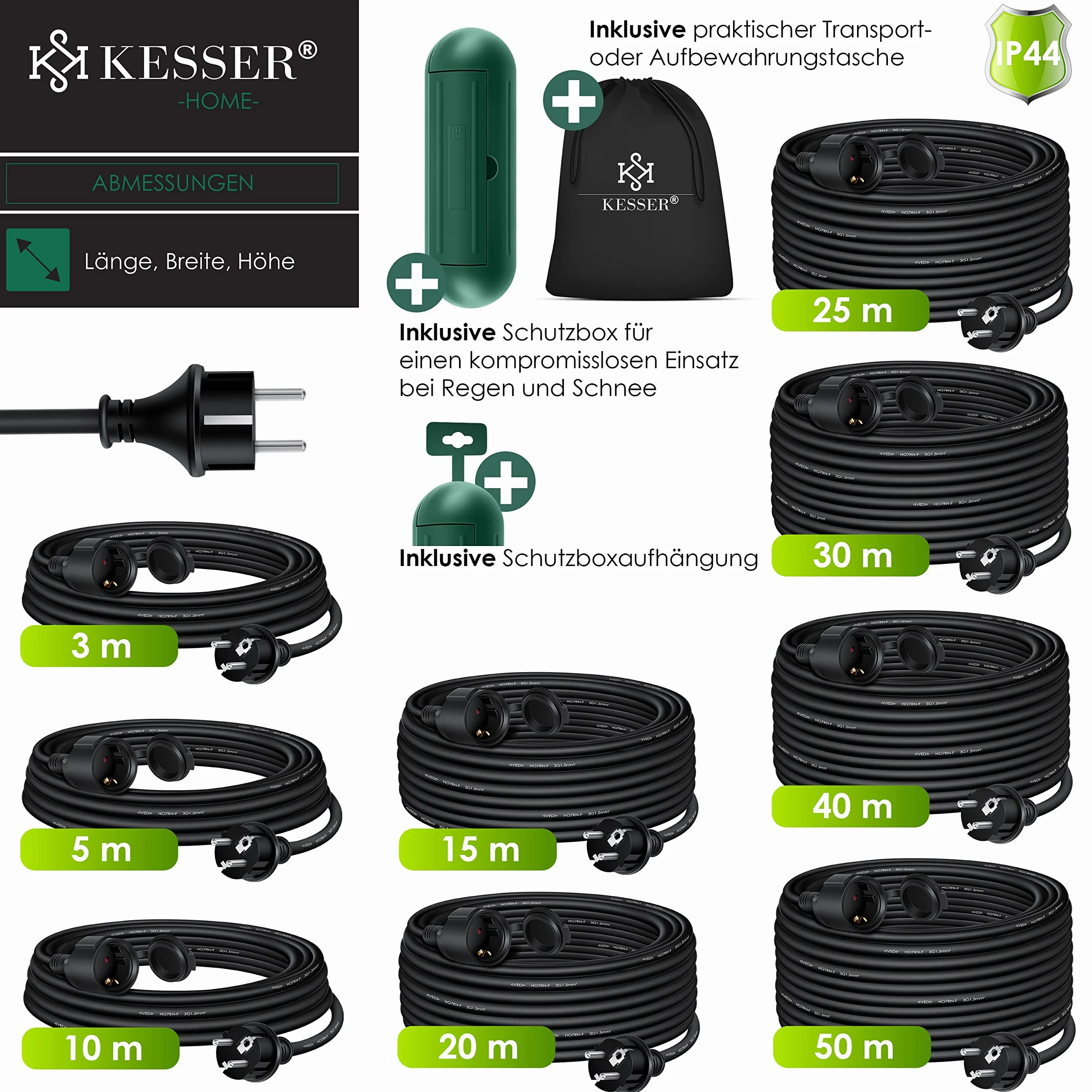 KESSER Rallonge 3 Prises 250 V IP44 40m Noir Câble électrique extérieur