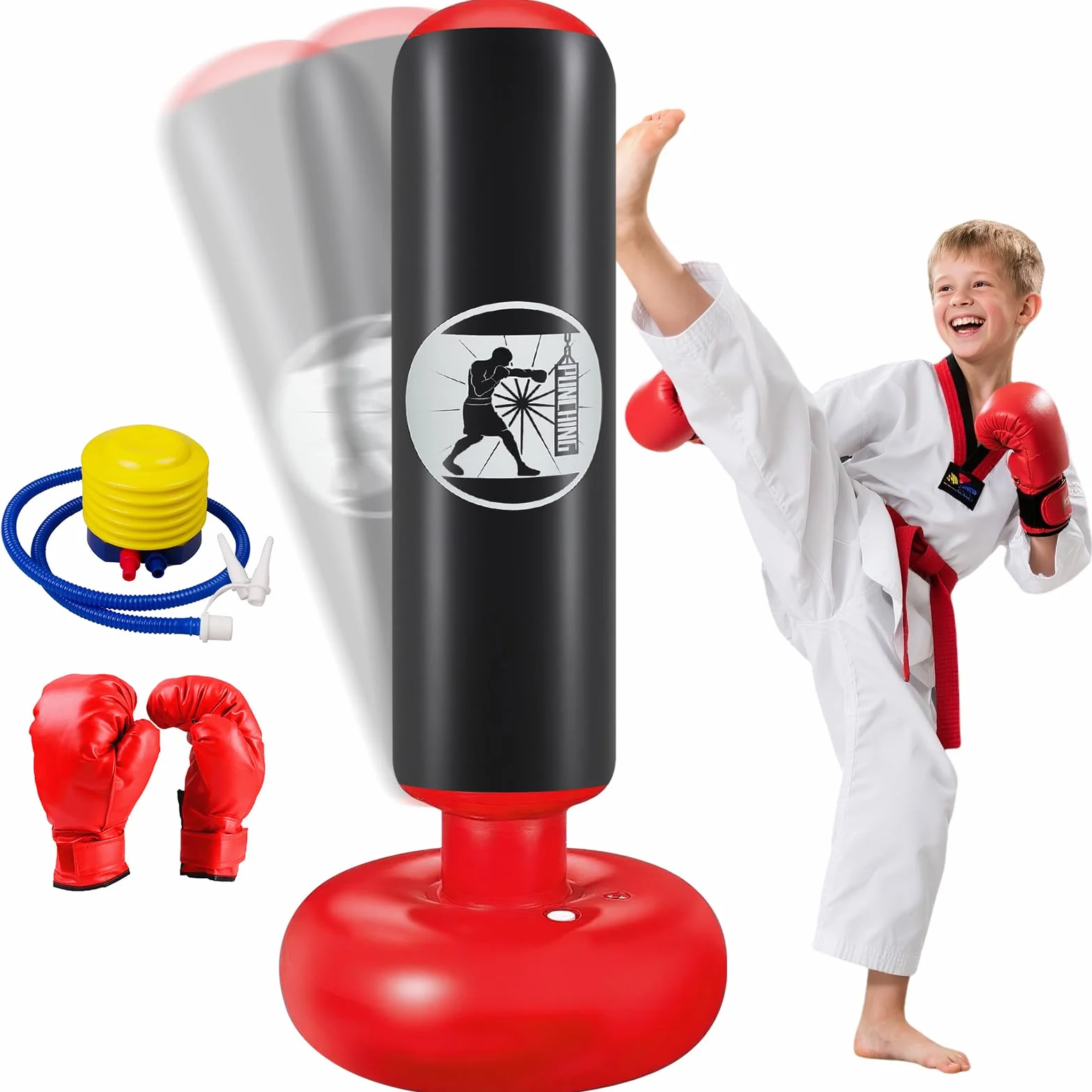 Ninonly Sac de Boxe Enfant 160cm Gonflable avec Pompe et Gants, Set Punching Ball Cadeau 3-12 Ans