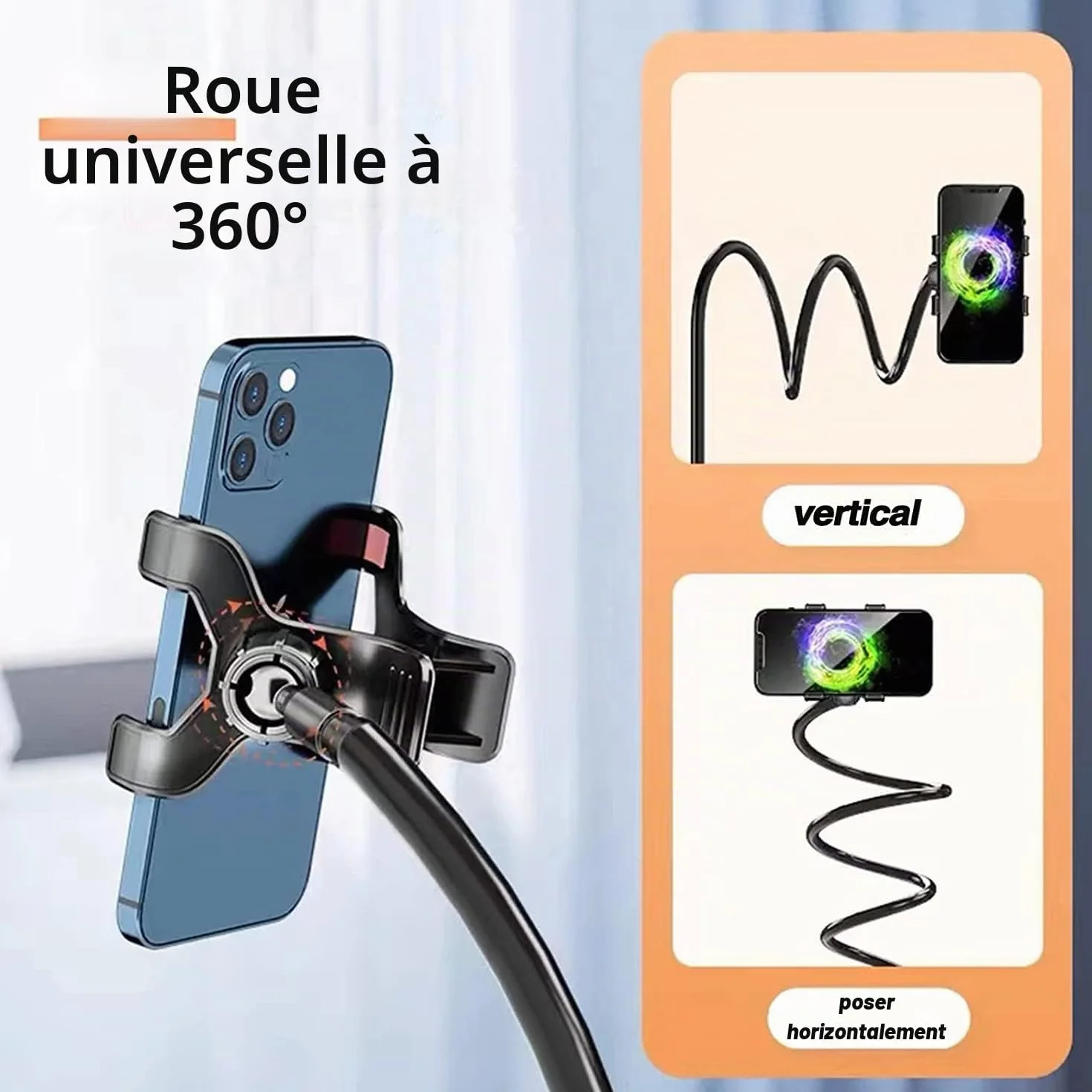 Portable Support Téléphone Avec Col De Cygne, Avec Bras Rotatif Et Réglable à 360 Degrés, Universelle Flexible Support Col De Cygne Pour 4-6.3 Pouces Smartphone Lit, Bureau, Voiture, Chambre