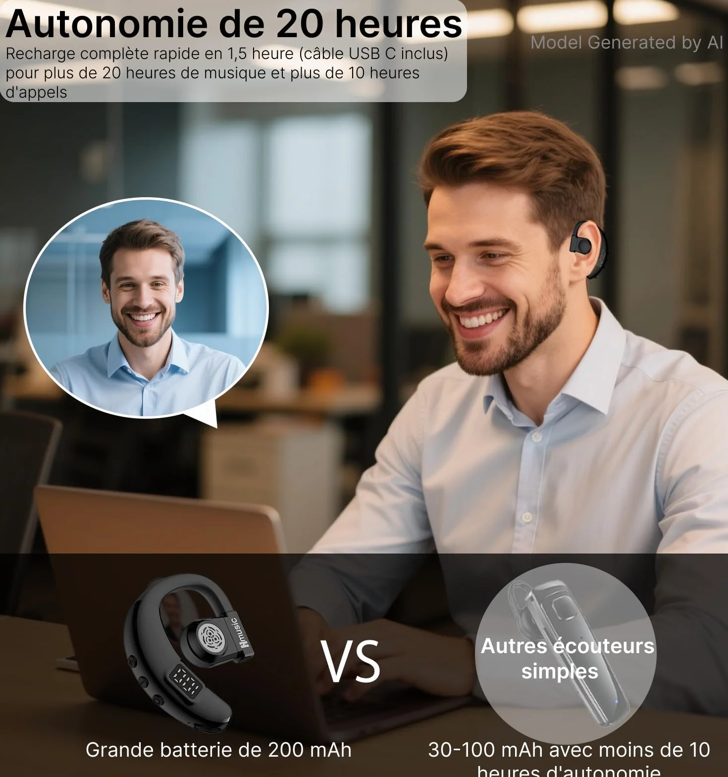 Hmusic Oreillette Bluetooth sans Fil V5.4, IPX5 Étanche, Kit Mains Libres avec 2 Micro Anti-Bruit, 20H d'Autonomie, 18g Ultra-léger, Affichage Numérique LED, pour Conduite, Bureau, Affaires