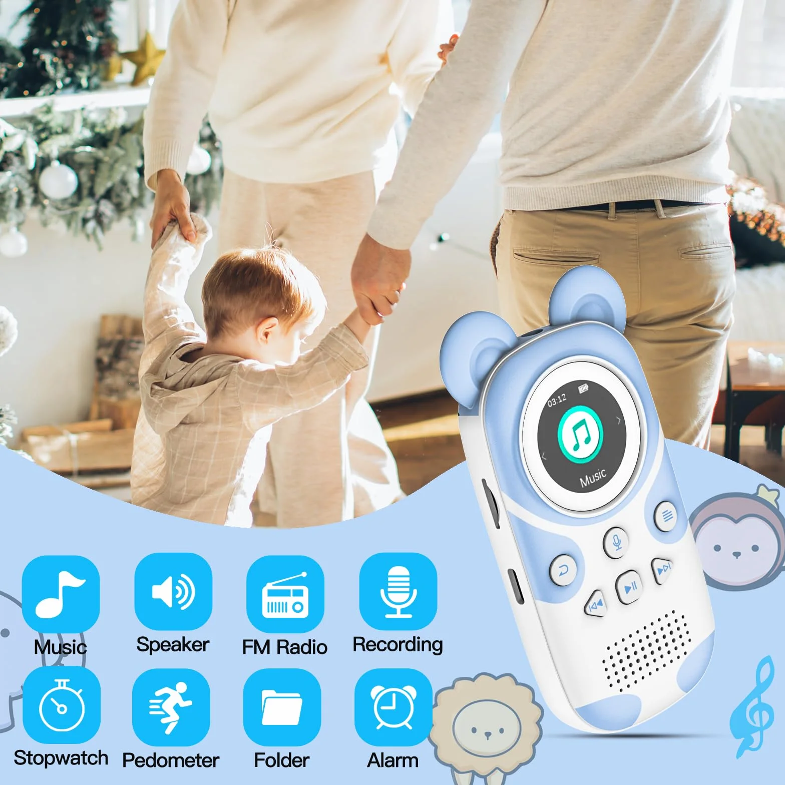Lecteur MP3 Enfants Bluetooth 5.3 64GB avec Radio FM, Réveil, Enregistrement, Chronomètre