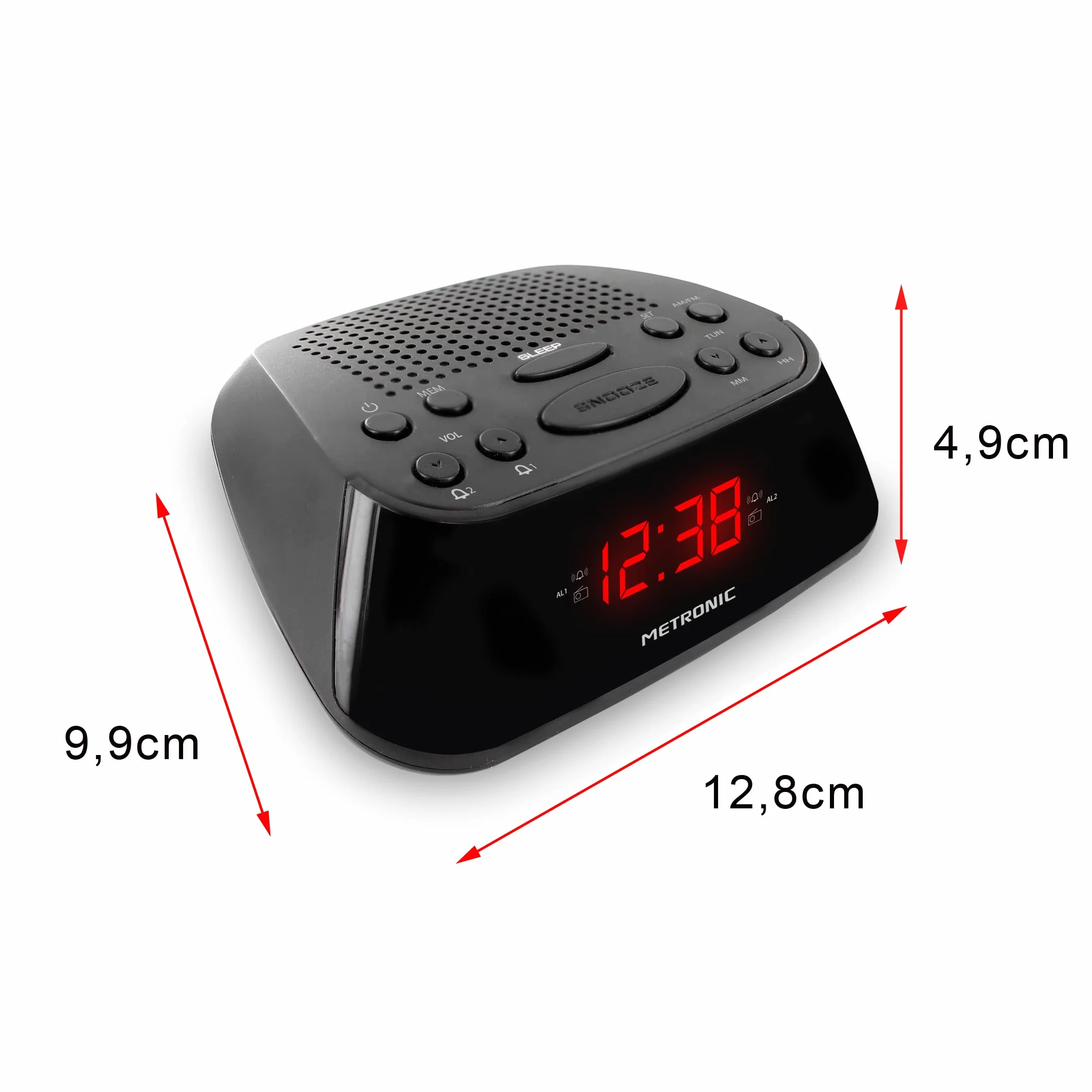 METRONIC 477003 Radio-Réveil FM Double Alarme (Programmable Radio FM ou Buzzer) avec Grand Ecran Affichage Rouge, Fonction Snooze, Alimentation Secteur + Sauvegarde Piles, Simple d'Utilisation - Noir