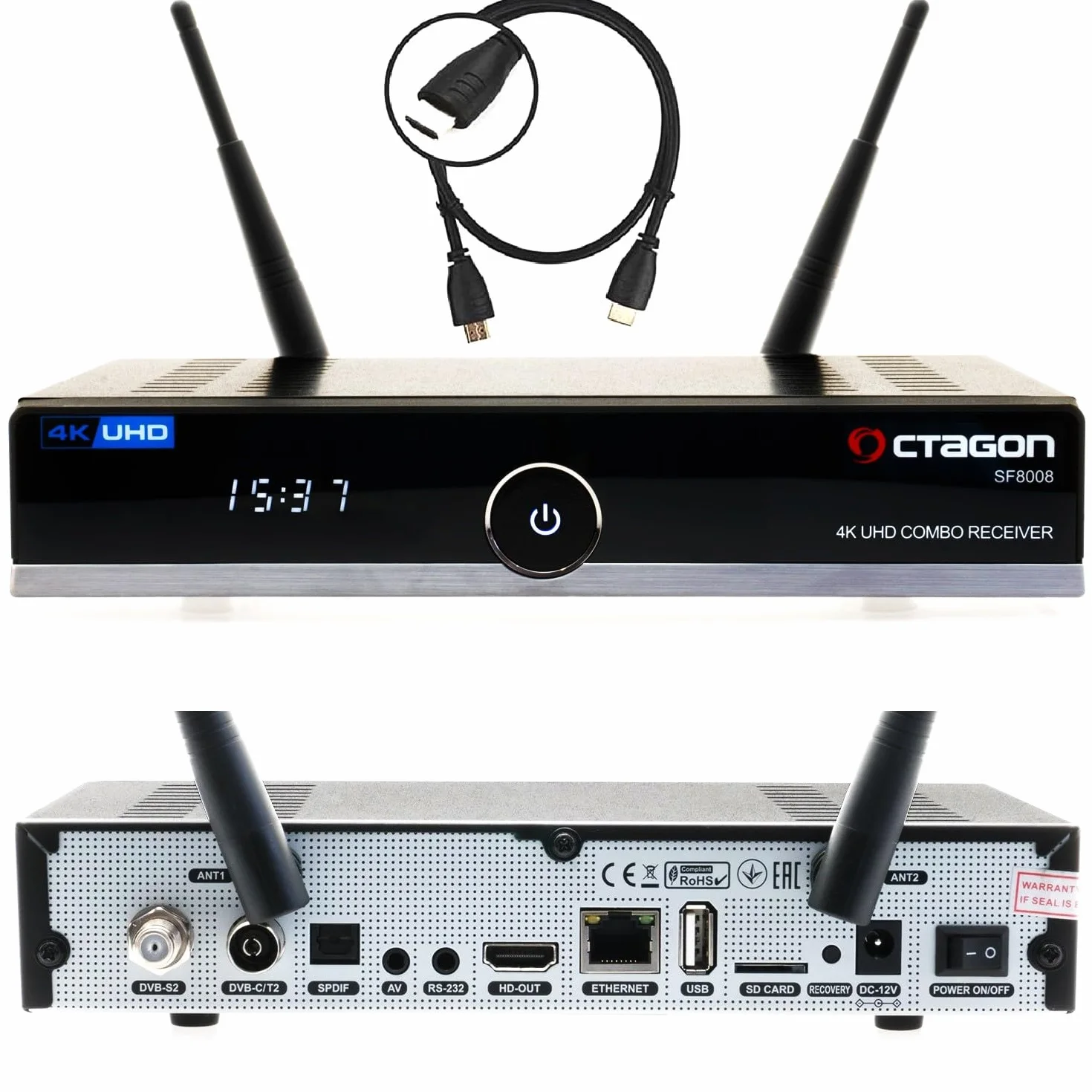 OCTAGON SF8008 UHD 4K Récepteur Combo câble Satellite & récepteur DVB-T2, E2 Linux & Define OS, DVB-S2X & T2C, avec Fonction d'enregistrement PVR, Gigabit LAN, Lecteur de Cartes, Satellite to IP,