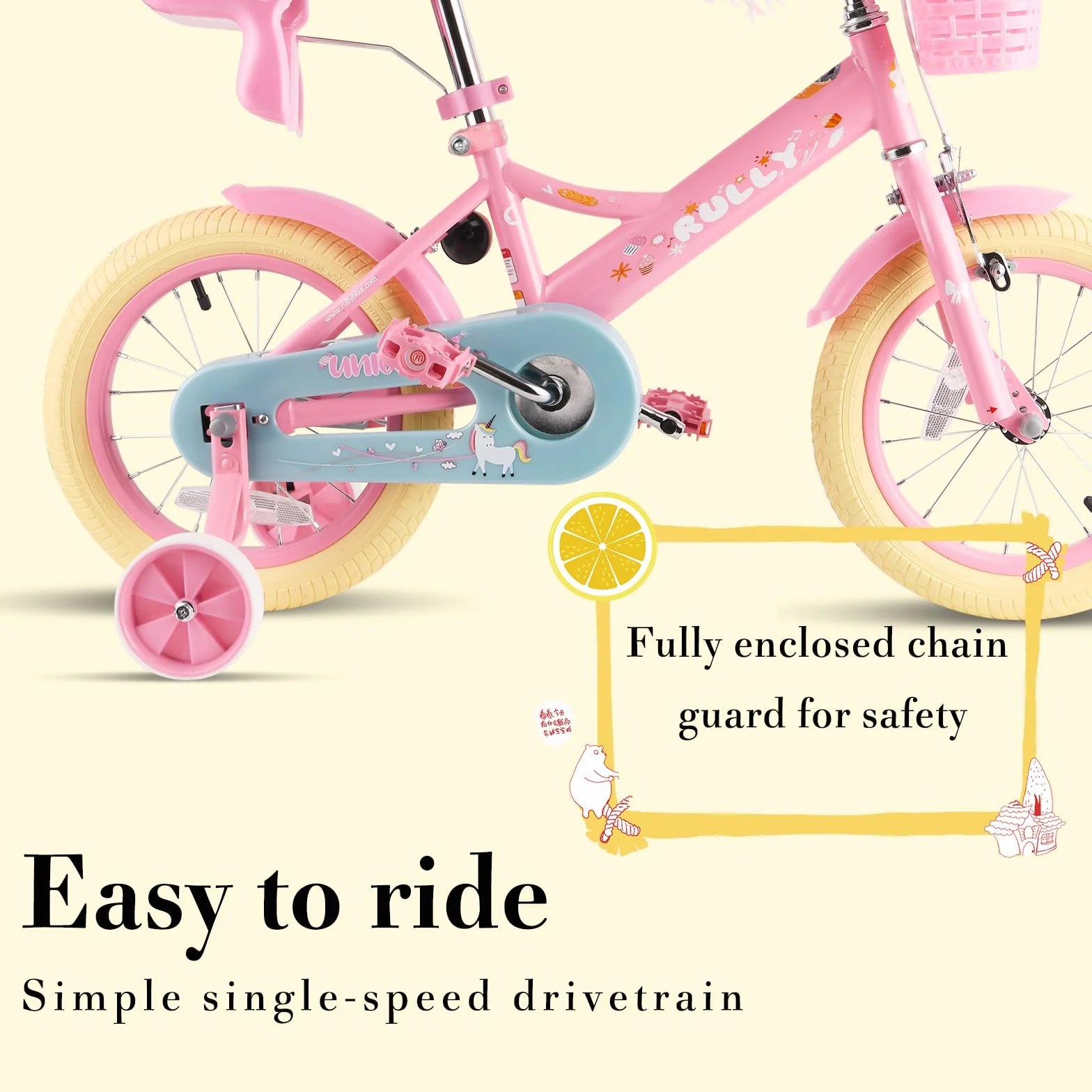 Vélo Enfant 12 14 16 Pouces RULLY Filles 2-7 Ans Roulettes Frein Panier