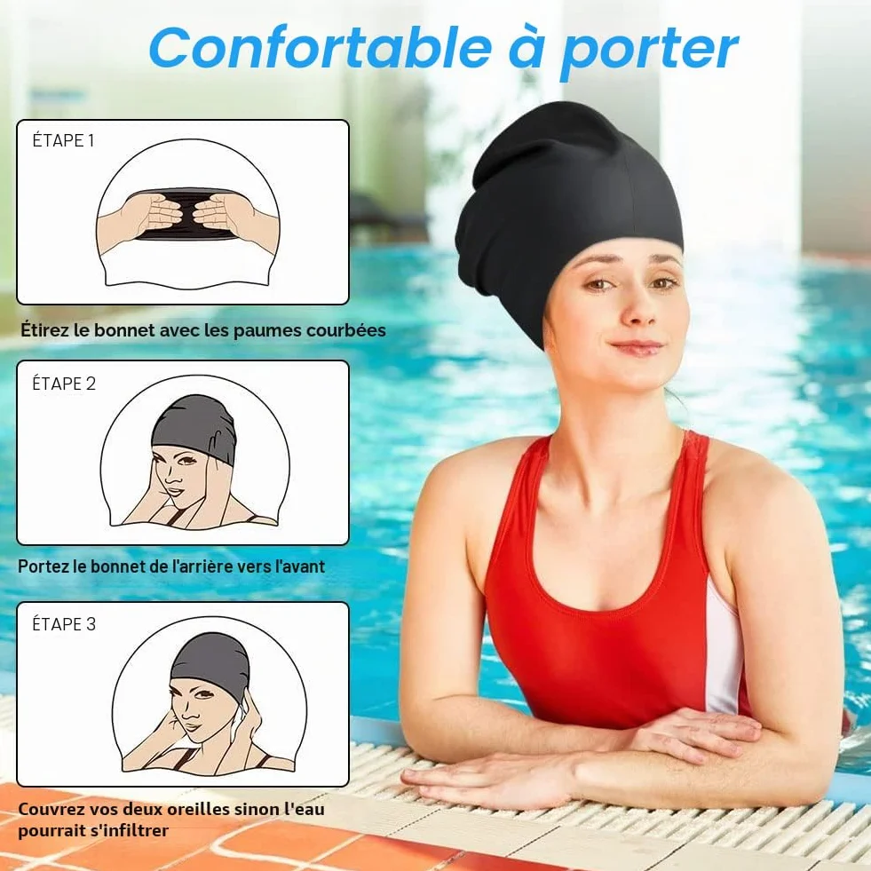 Bonnet de Bain Grand Silicone Imperméable Extra-Large pour Cheveux Longs Homme Femme