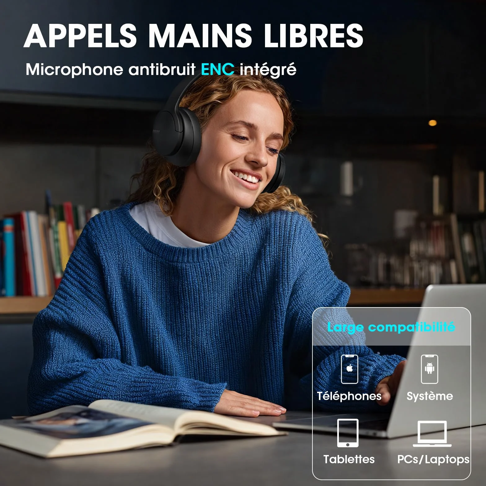 DOQAUS Casque Bluetooth sans Fil 90H Durée Lecture avec 3 Modes EQ Bluetooth 5.3, Casque Bluetooth,Cache-Oreilles protéines Souples,Casque sans Fil stéréo HiFi Microphone pour Voyage/Travail/Vie
