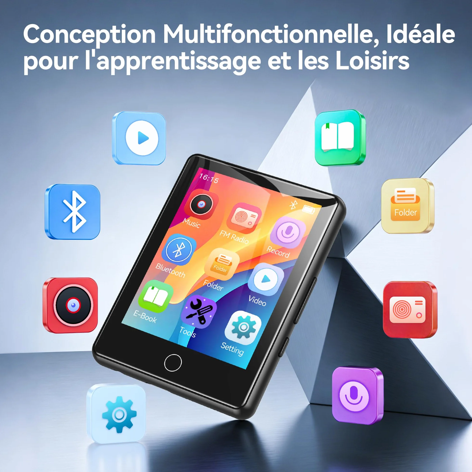 AGPTEK Lecteur MP3 Bluetooth 5.3 64Go, Baladeur Numérique 2.8" Écran Tactile HiFi Sport avec Haut-Parleur Radio FM Enregistreur