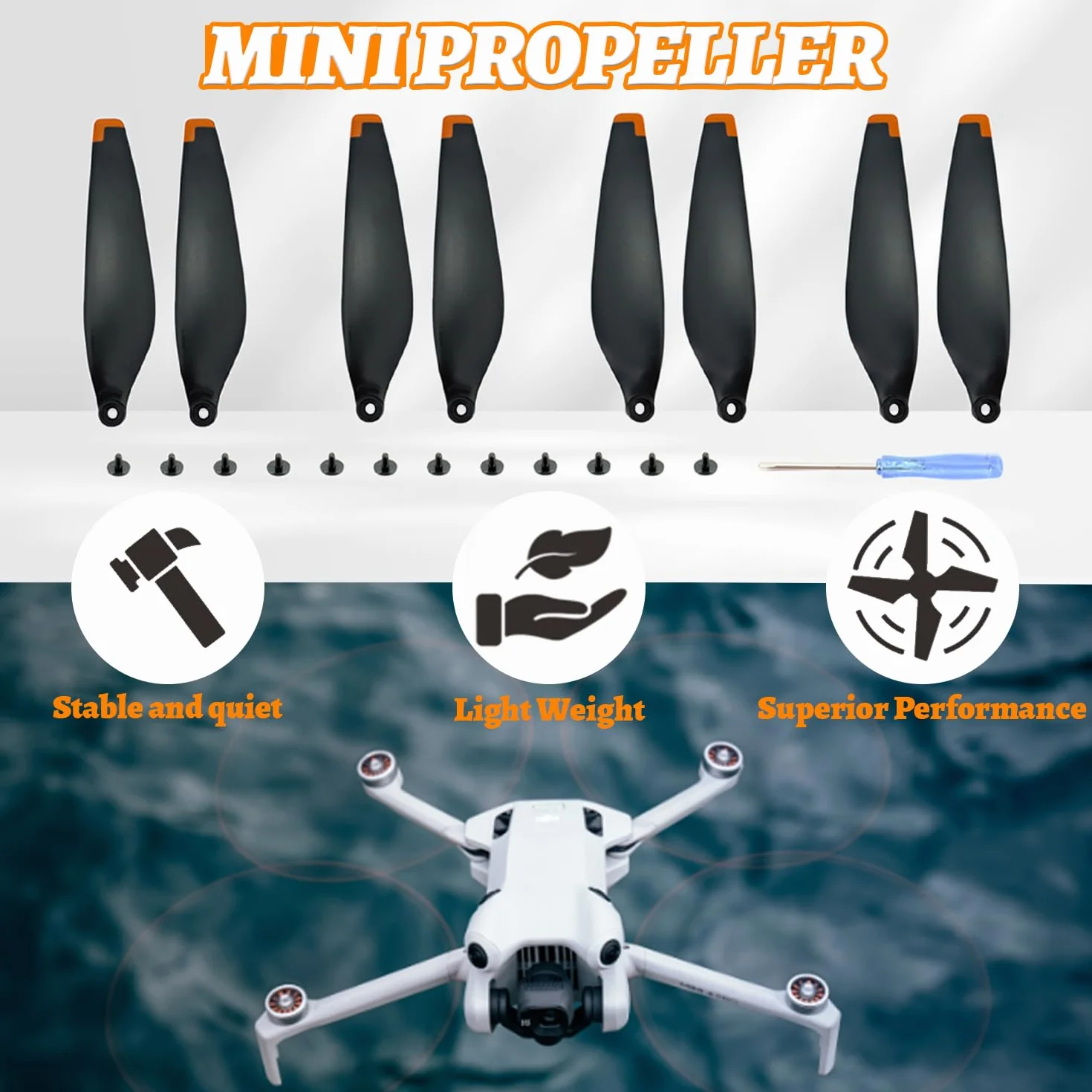 16Pcs Hélices de Rechange pour Drone DJI Mini 3 Pro, Mini 4 Pro, Faible Bruit & Stable Drone Accessoires Hélices Remplacement avec 2 Tournevis et 24 Vis