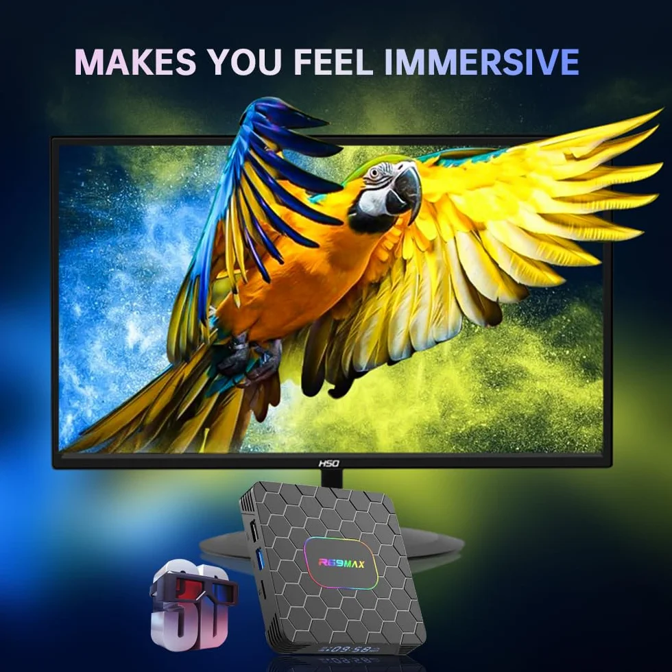 Android TV Box,R69MAX Android 14.0 TV Box with 4Go RAM 64Go ROM RK3528 Quad Core Arm Cortex A53 Mali-450 GPU Support 8K 3D 1080P 2.4/5.0GHz WiFi BT5.0 10/100M Ethernet DLNA HDMI2.0 USB3.0 H.265