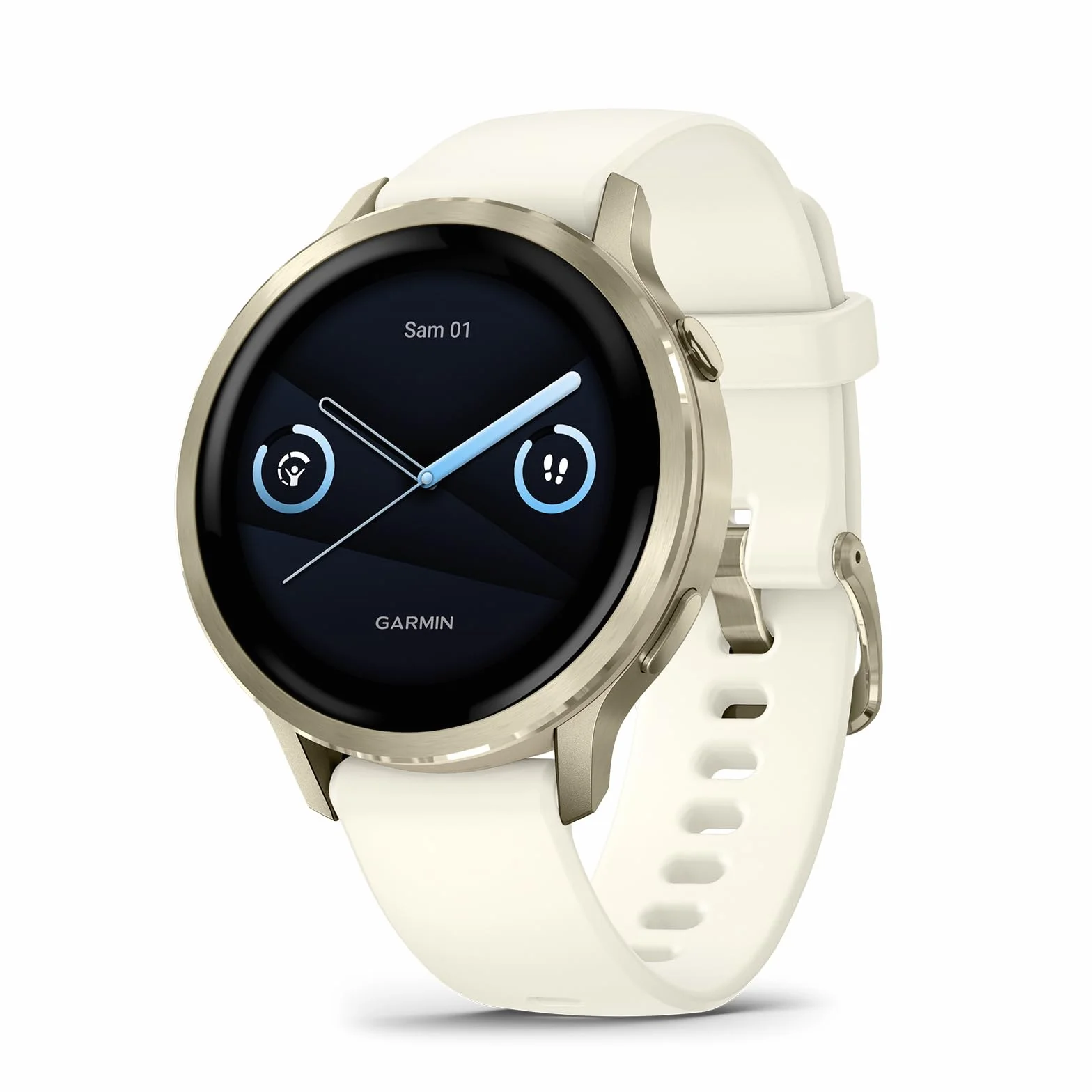 Garmin Venu 4 Montre GPS connectée forme et santé écran Ultra-Lumineux Lampe LED intégrée Beige Lunar Gold Bracelet Ivoire 41mm