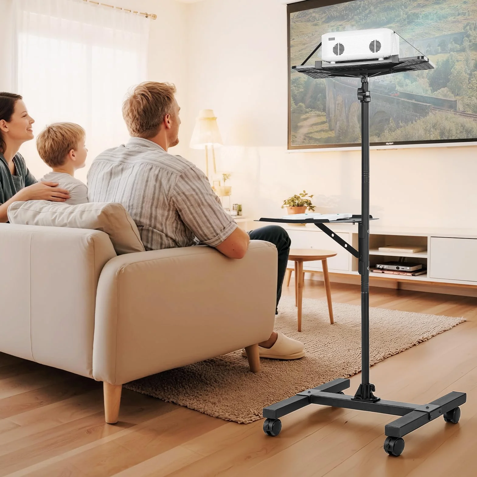 VEVOR Support de projecteur avec roulettes, hauteur réglable 86-136 cm, 2 plateaux, pour cinéma plein air