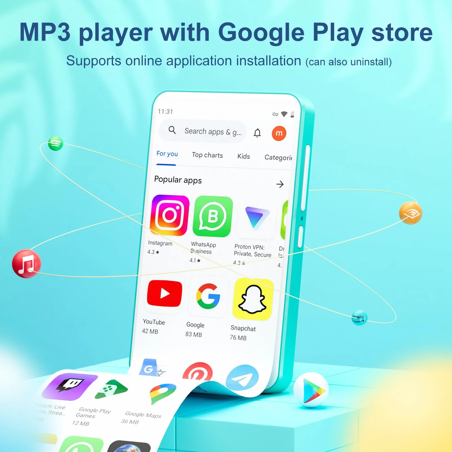 Lecteur MP3 avec Bluetooth et WiFi, Oilsky 80GB 4'' Android 9.0 Lecteur de Musique, MP4 à écran Tactile 1080P, Mp3 Portable avec Spotify, Audible, Deezer (Cyan)