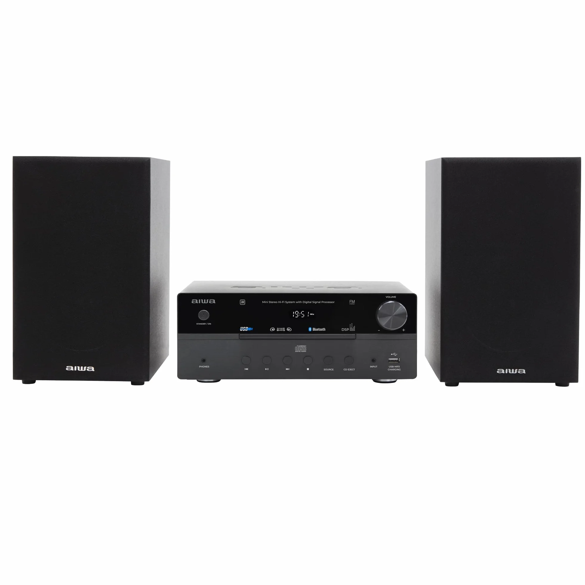 AIWA MSBTU-550 Mini Stereo-HiFi-System, 50 W RMS, mit Bluetooth 5.0, CD/MP3, USB (Wiedergabe und Laden), FM-PLL-Radio, AUX RCA/3,5 mm, Hyperbass, DSP, Schwarz