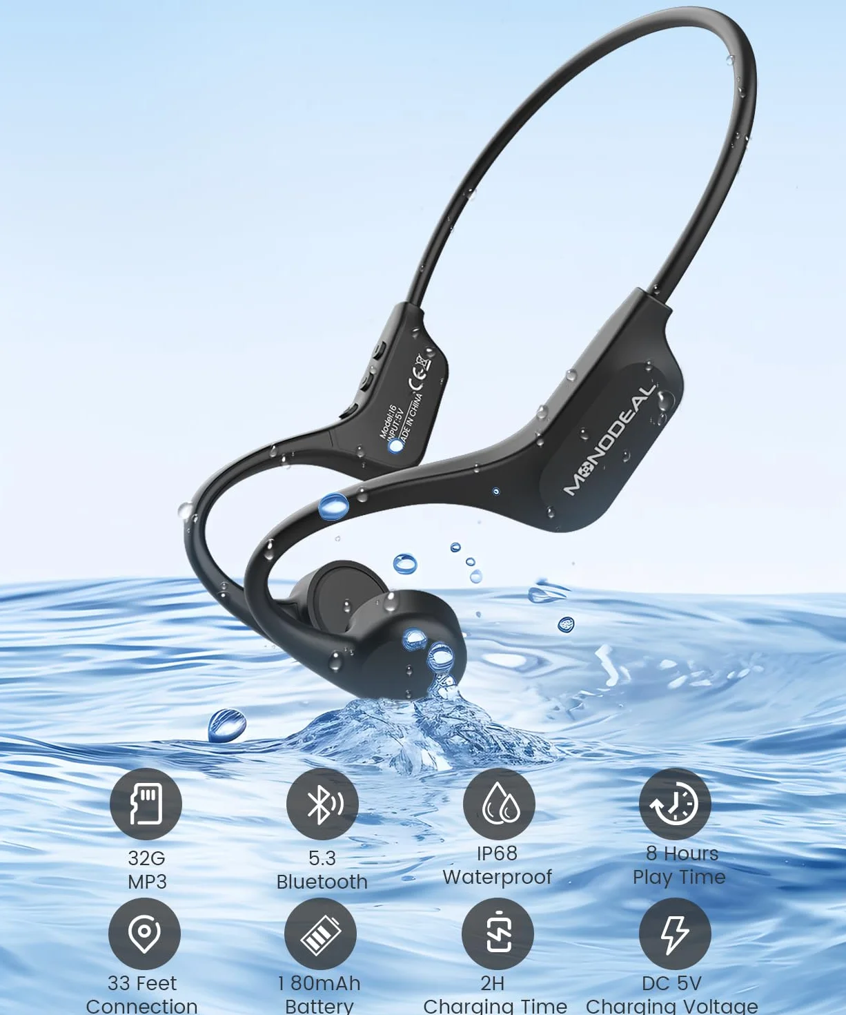 MONODEAL Casque Conduction Osseuse Natation Bluetooth 5.3 IP68 MP3 32GB Etanche