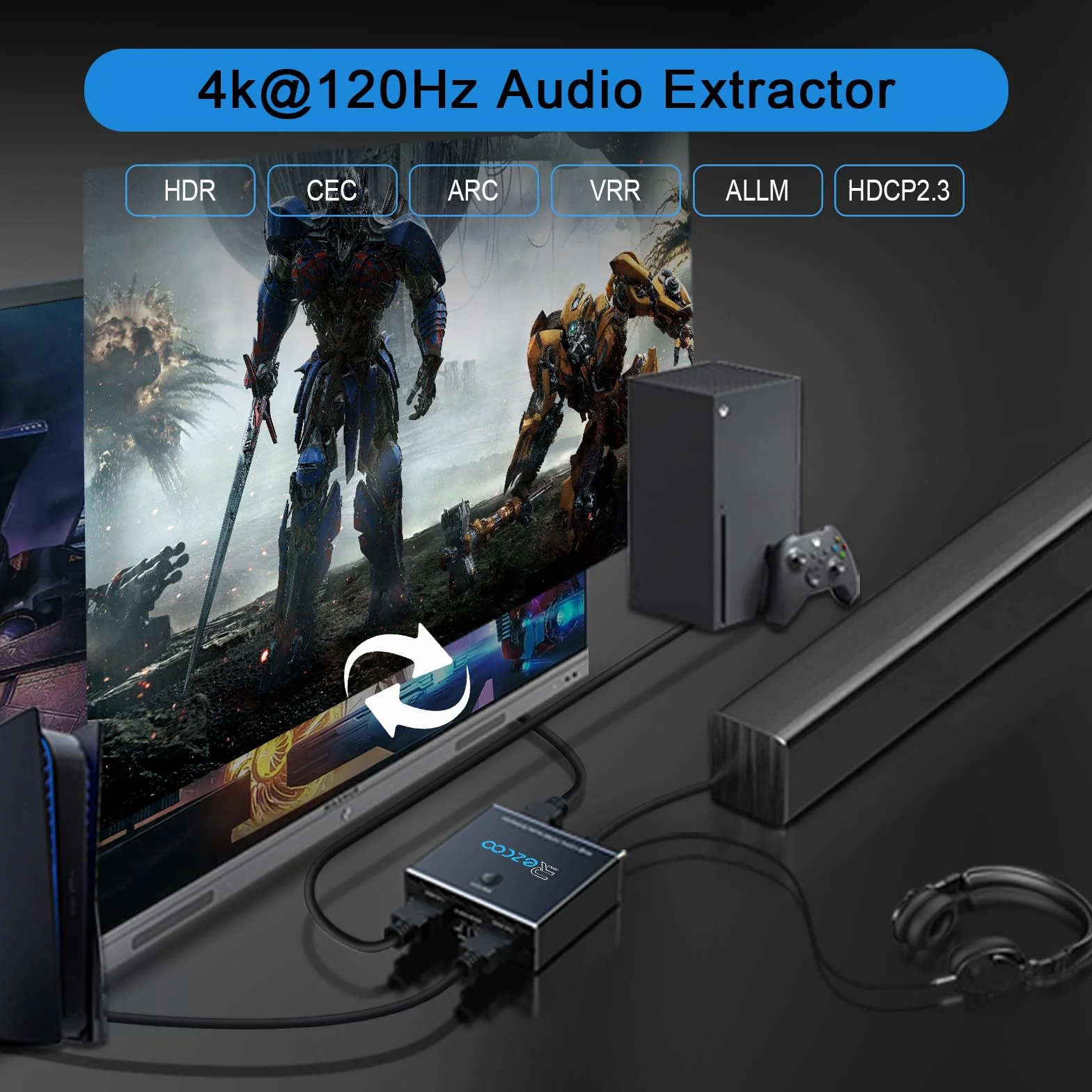 Extracteur HDMI 2.1 Switch 2 Entrées 1 Sortie 4K 120Hz VRR ALLM HDCP2.3 HDR10 SPDIF PS5 XBOX