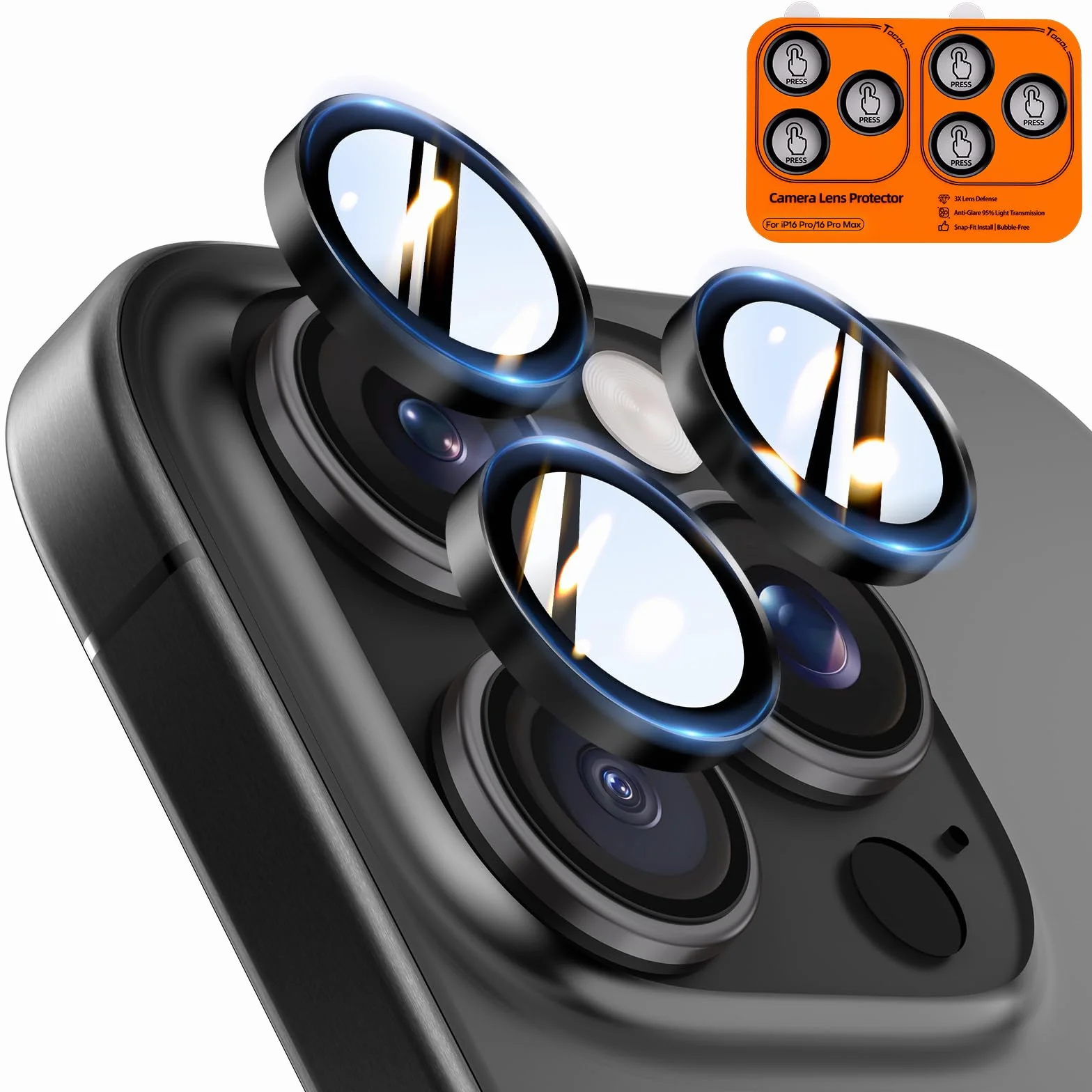TOCOL Lot de 2 Protection Caméra pour iPhone 16 Pro Max, iPhone 16 Pro, Résistant aux Rayures, Antichoc, Anti-Buée, Installation Facile, Verre Trempé HD Protections d'Objectif, Noir