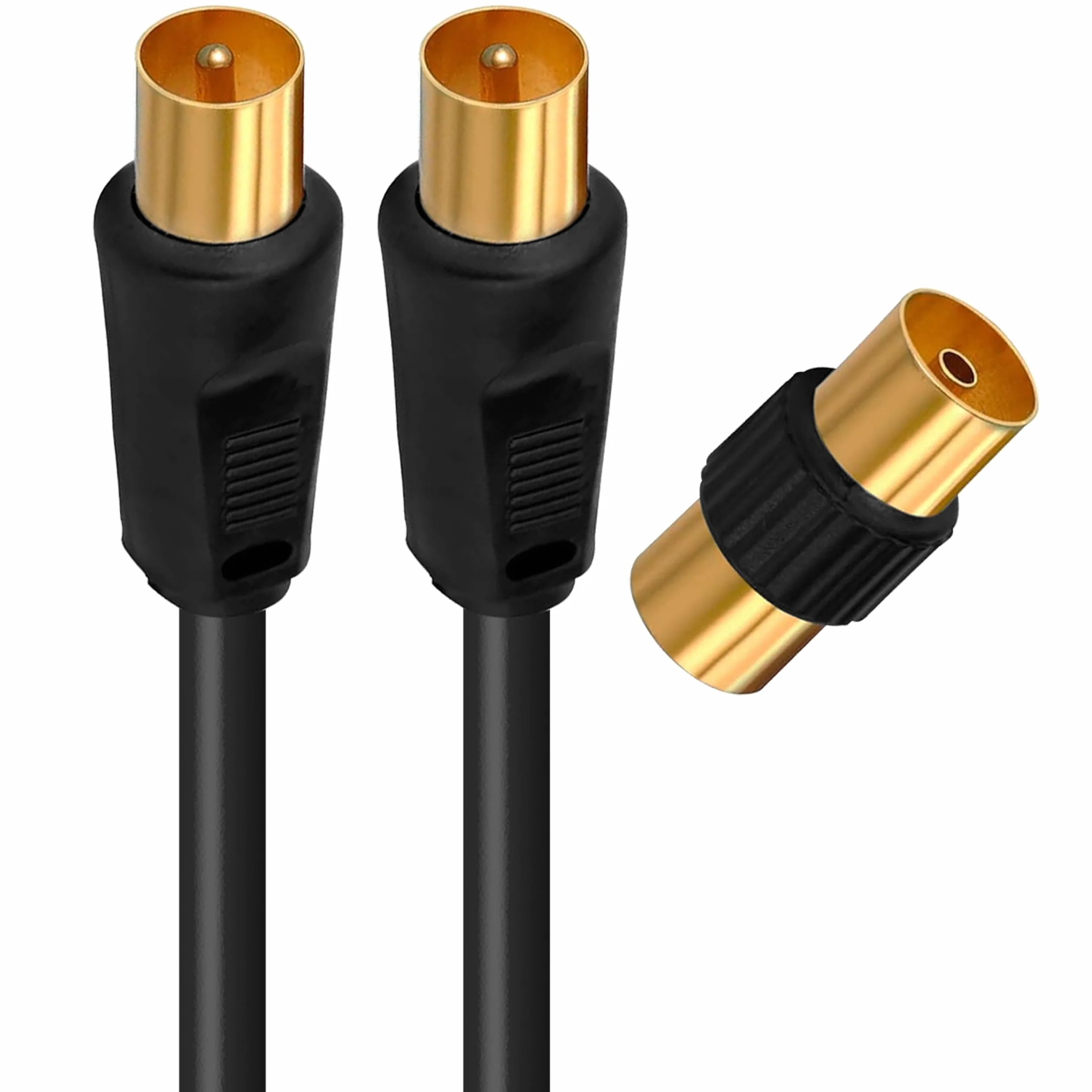 APM Câble TV Antenne 9.52mm, 5 Mètres, Connecteurs Gold Mâle/Mâle, Cordon Coaxial Noir avec Adaptateur Femelle/Femelle Inclus, Compatible TV Décodeur TNT Fiche Murale 9.52mm, 408026, 5m
