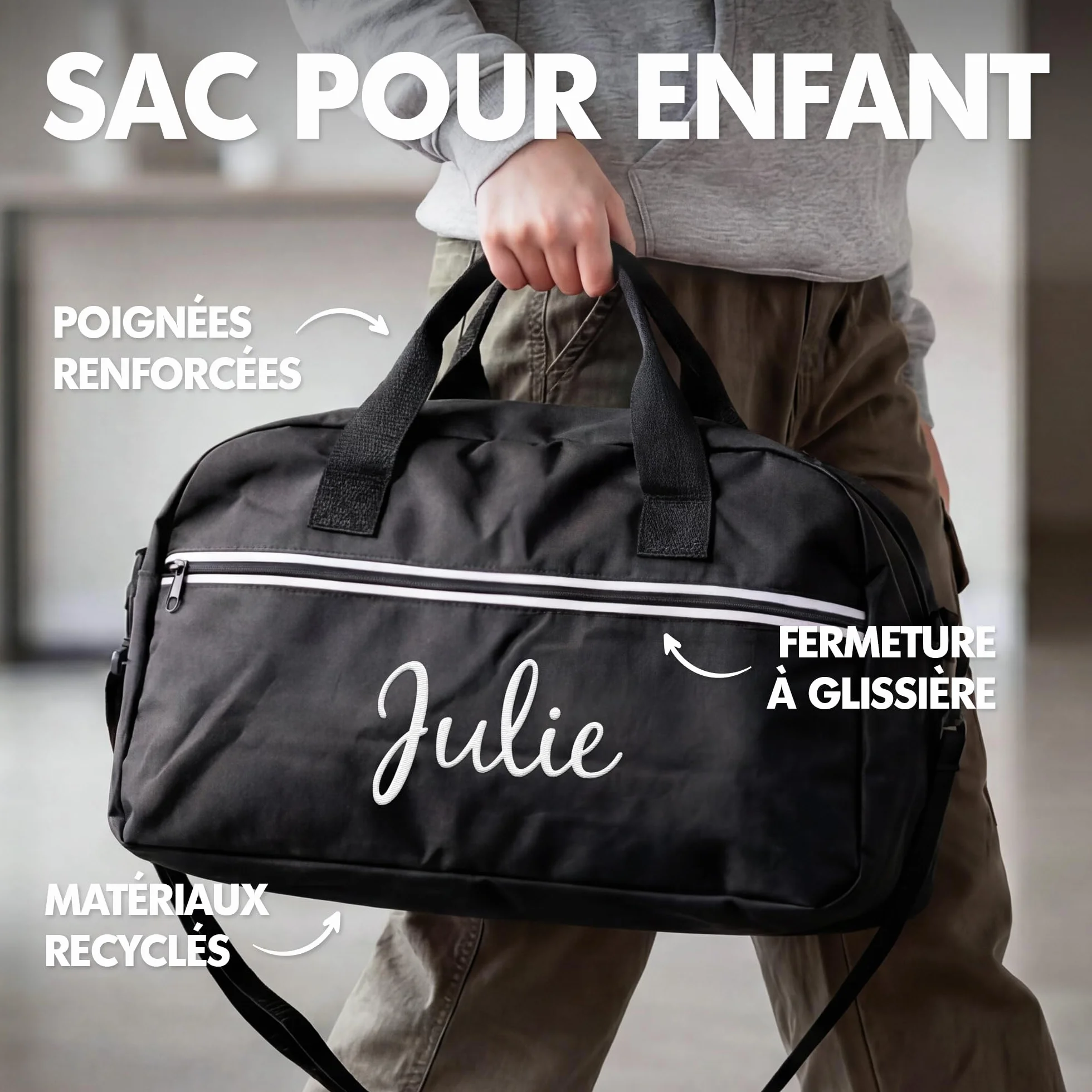 Sac de Sport Enfant personnalisé 20L Brodé avec prénom - Sac Sport et Vacances avec Sac à Chaussures Noir