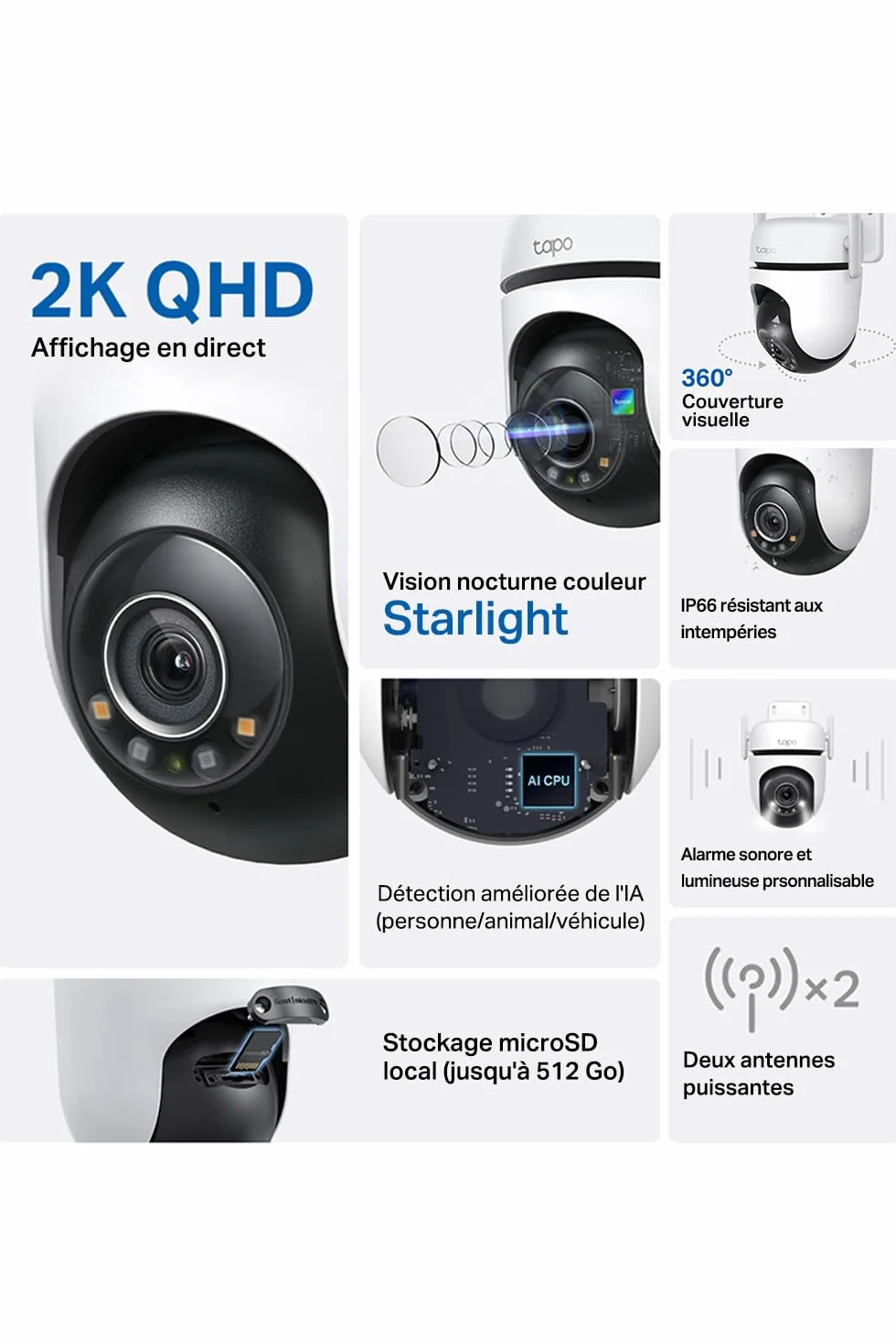 Tapo C520WS 2K (4MP) Caméra de Surveillance WiFi Extérieur 360°, Vision Nocturne Couleur, Détection de Mouvement, IP66