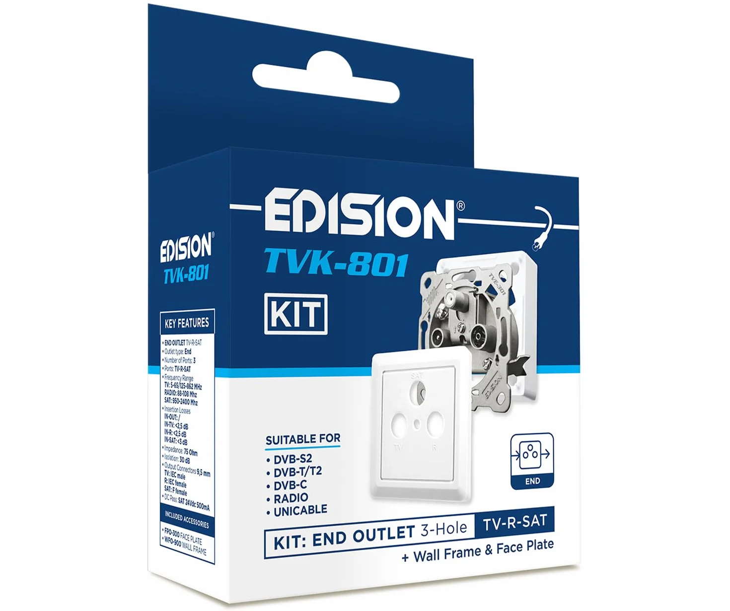 EDISION Prise Satellite TV TVK-801 KIT 3 connecteurs DVB-S2 Unicable DVB-T/T2 DVB-C Radio FM Dab+ Passe DC 3 Sorties