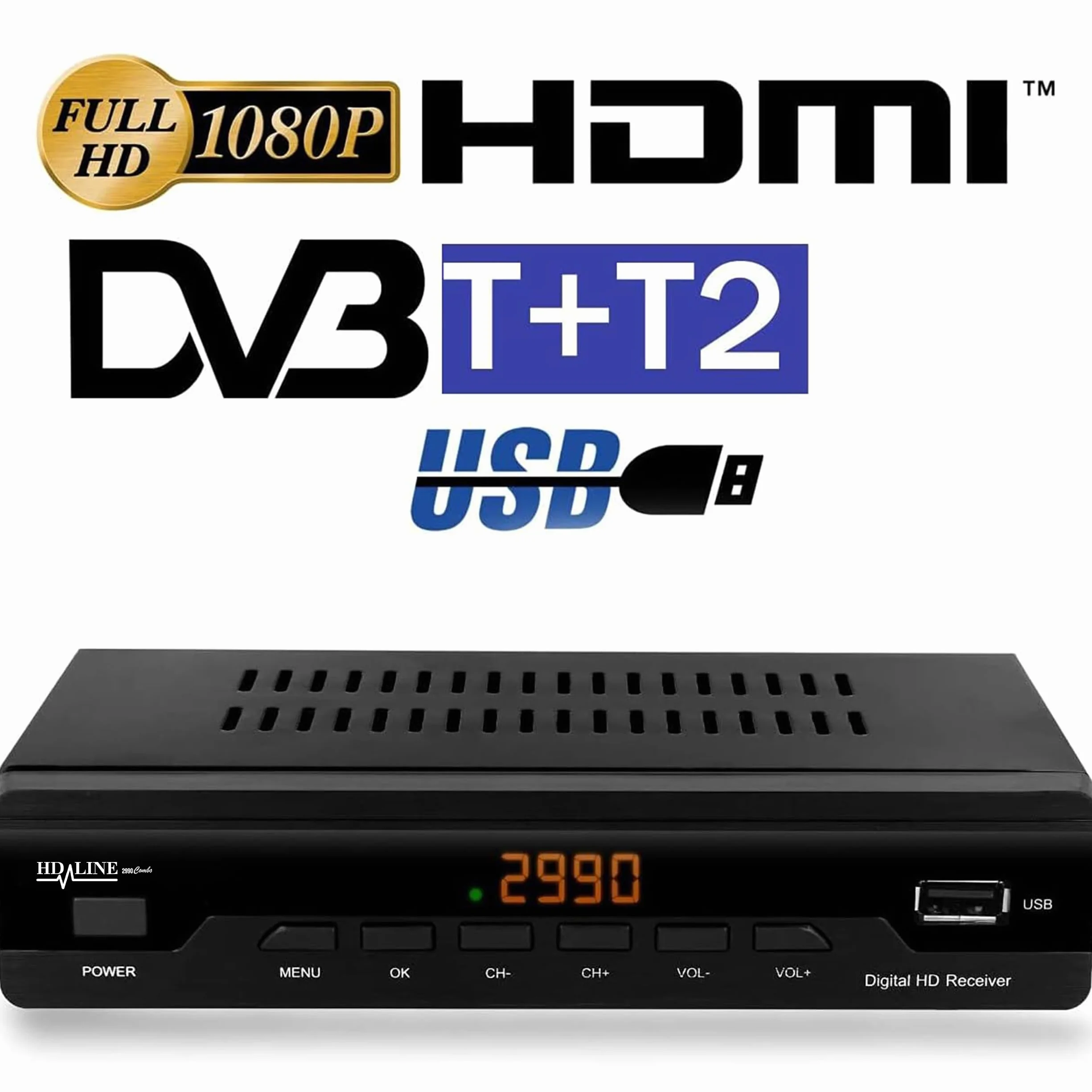 hd-line Récepteur de câble récepteur pour télévision numérique par câble 2990 Combo DVB-C (HDTV, DVB-C/C2, DVB-T/T2, HDMI, Péritel, USB 2.0, Wi-FI en Option) + câble HDMI Noir