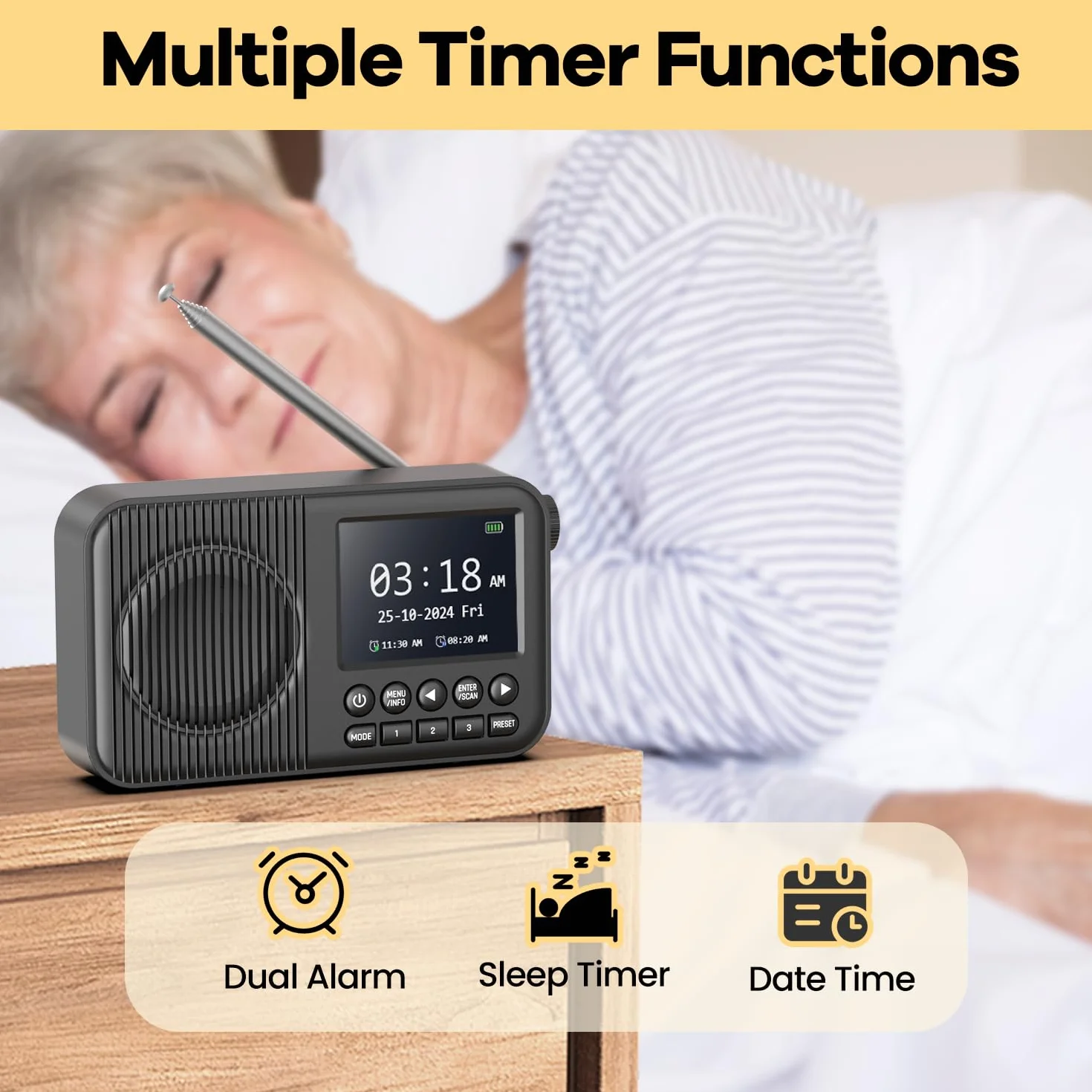 Radio DAB+ Portable Rechargeable avec Bluetooth, Écran LCD 2.4", FM, 60 Stations, Réveil Double, Noir