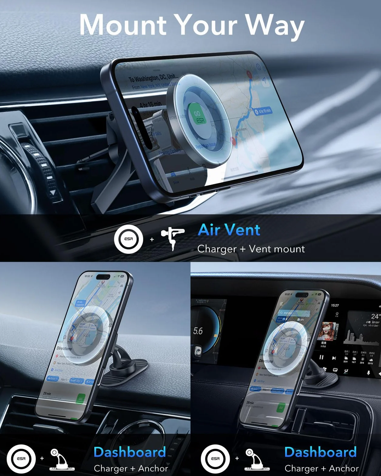 ESR Support Téléphone Voiture Magnétique pour MagSafe, grille d'aération/tableau bord Aimant Voiture Support pour iPhone 17e/Air/17/16/16e/15/14/13/12/Google Pixel 10/Samsung S26, tous les smartphones
