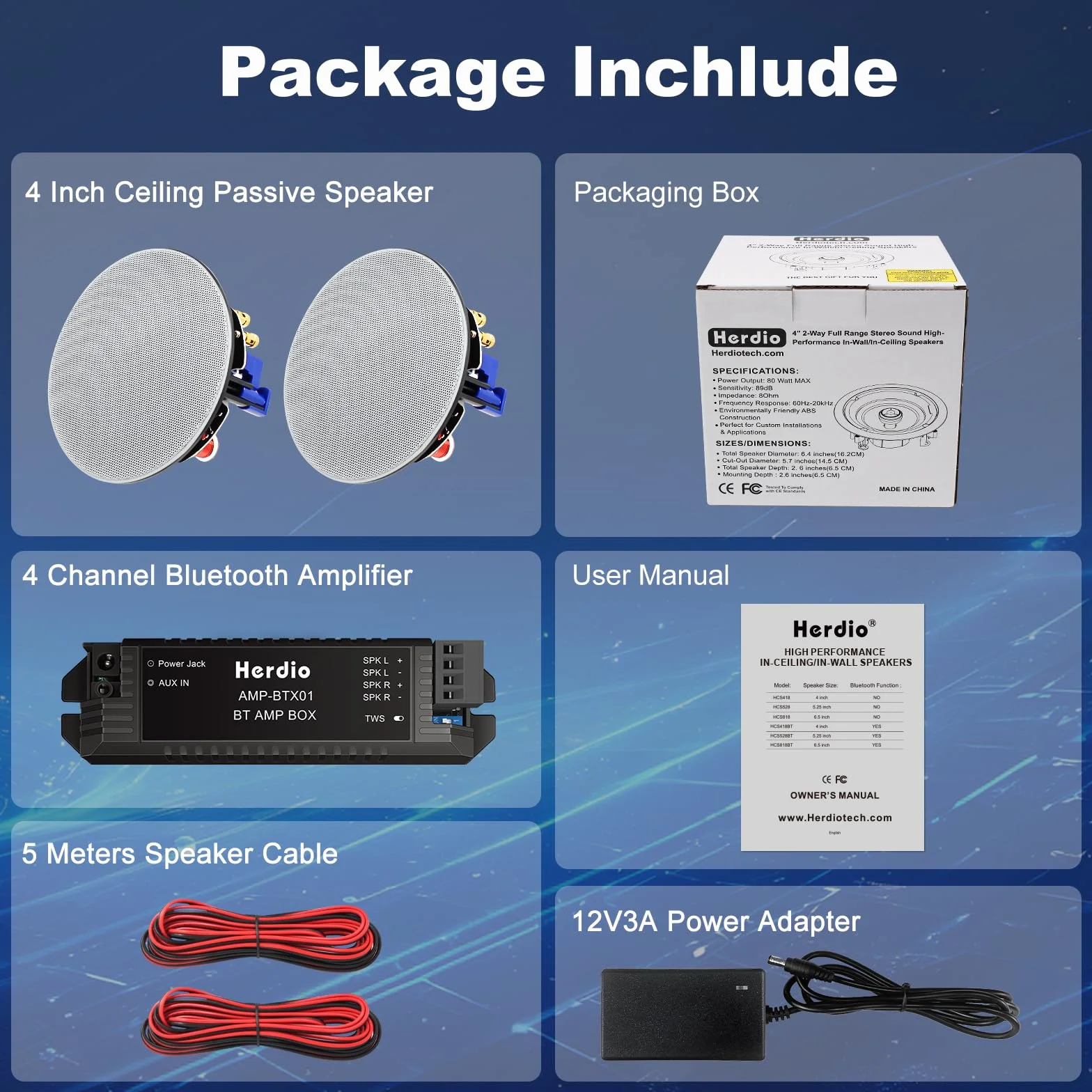 Herdio 4 Pouces 160 Watts Haut-Parleur de Plafond Bluetooth 2 Voies pour Salle de Bain, Cuisine, Terrasse (2 Pièces)