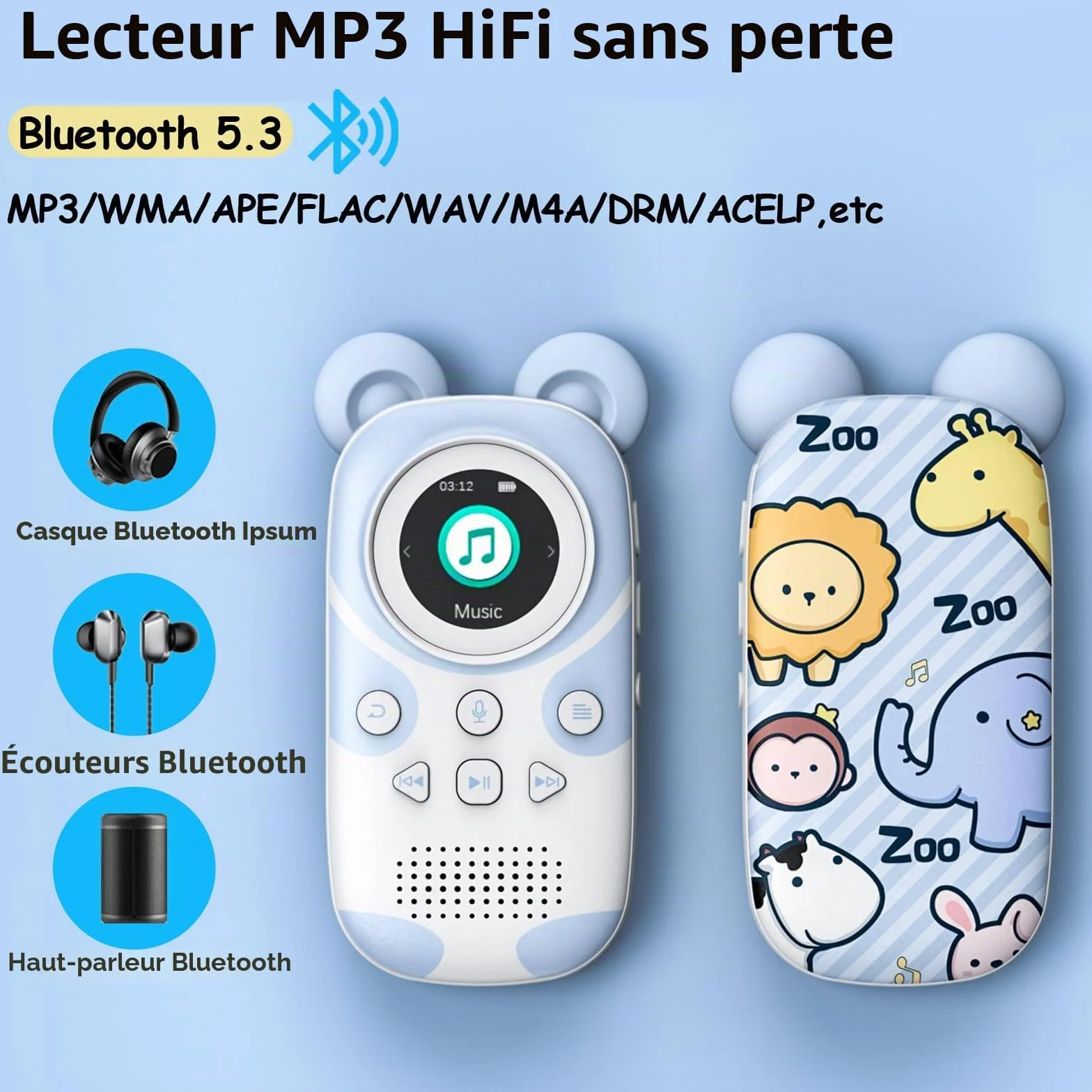 Lecteur MP3 Enfants Bluetooth 5.3 64GB avec Radio FM, Réveil, Enregistrement, Chronomètre