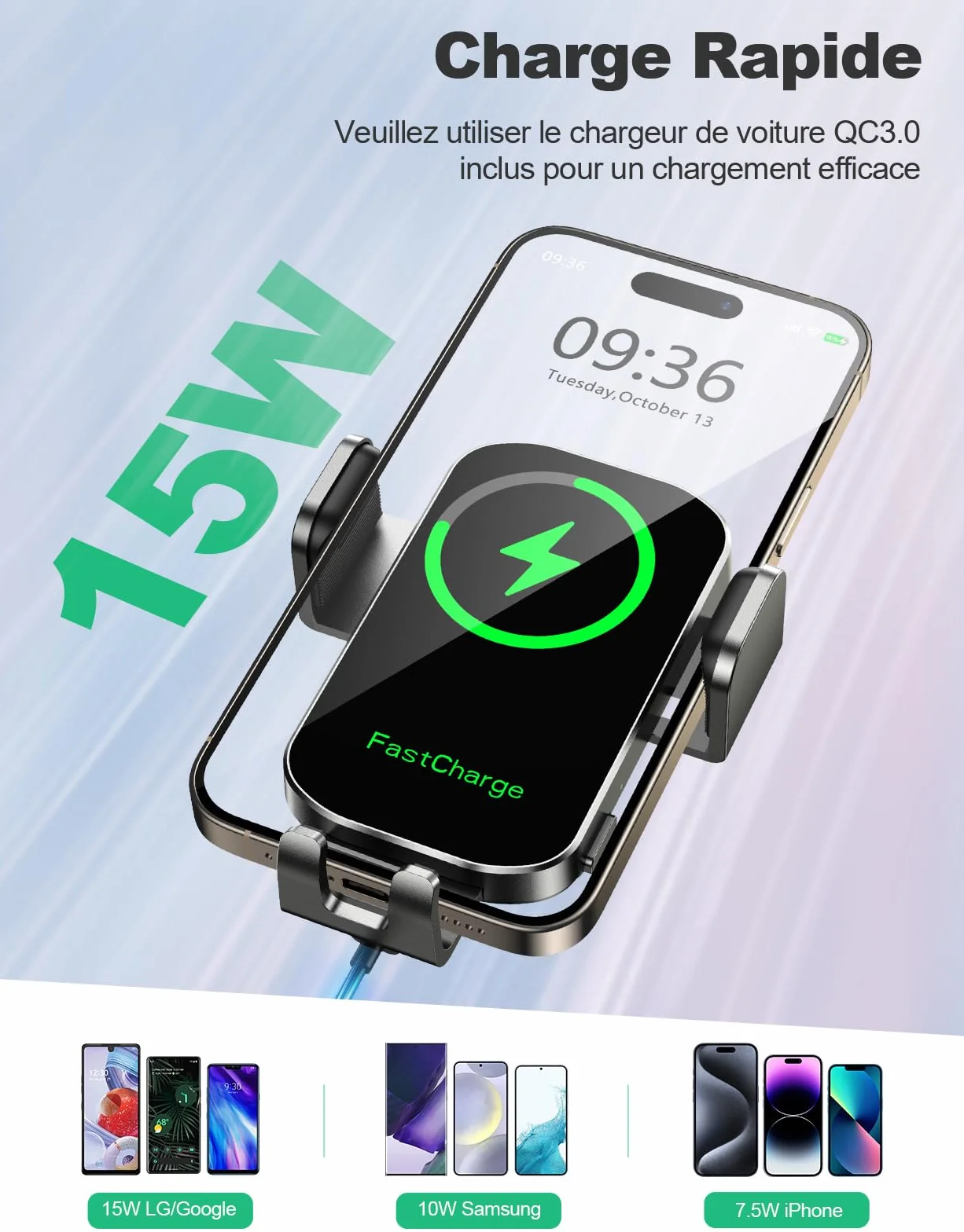 Glangeh 15W Support Telephone Voiture Induction, [Serrage Automatique] Chargeur Induction Voiture sans Fil Rapide [Ventouse Militaire], Compatible avec iPhone 17/16/15 Pro Max, Galaxy S24+/S23 Ultra