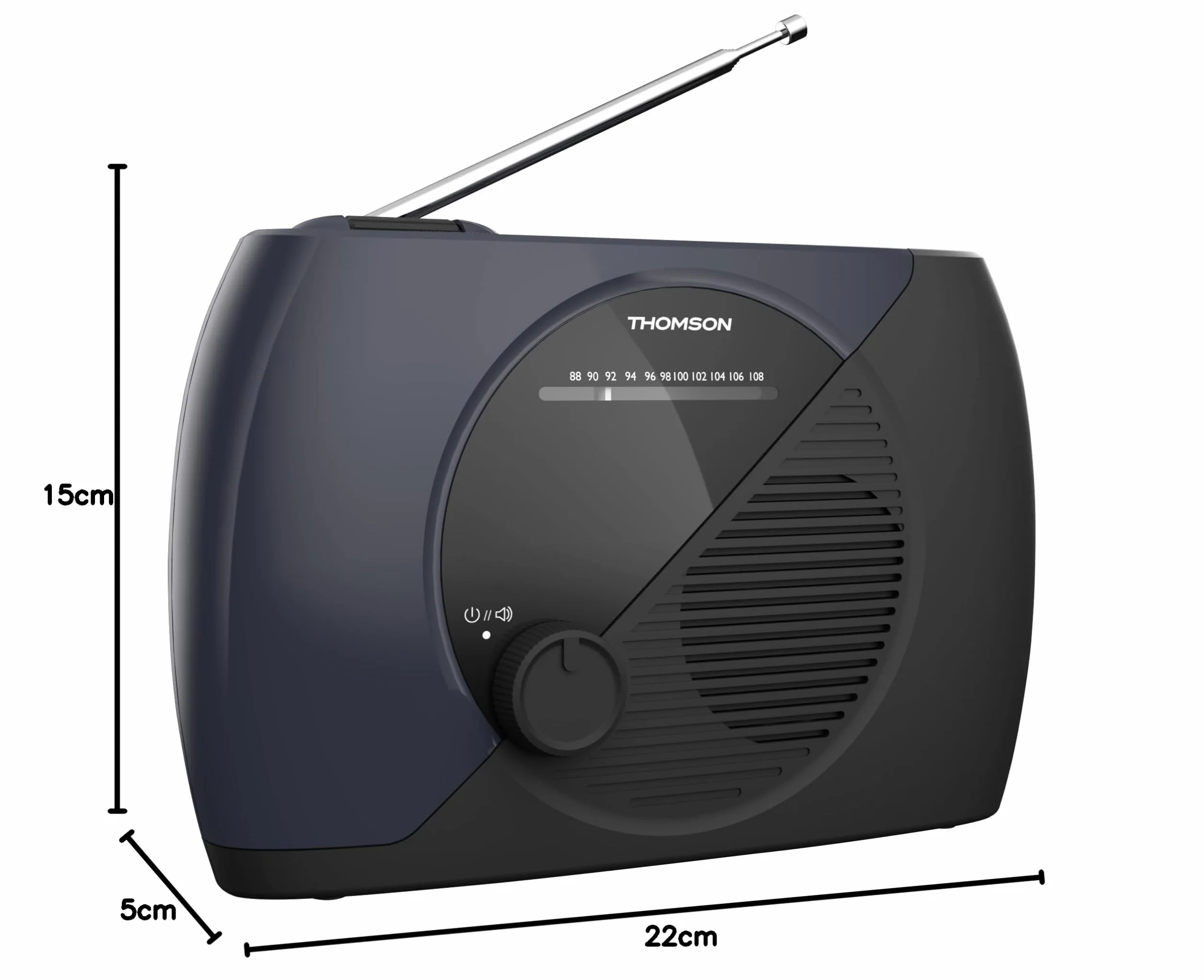 THOMSON Radio Portable FM, Tuner Analogique, Secteur ou Piles - Poste Compact pour Écoute En Tous Lieux, Couleur Bleu/Noir - RT350