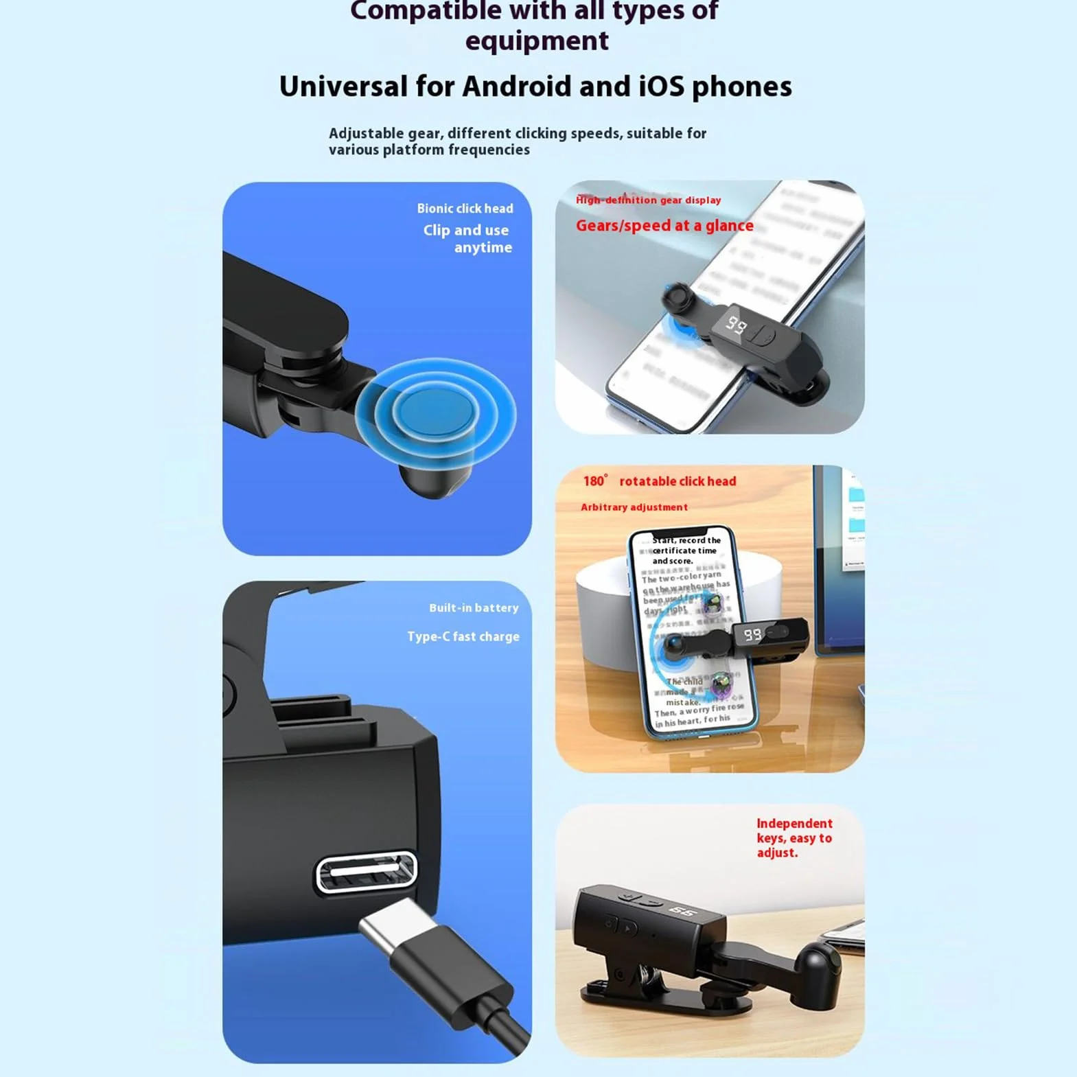 Clicker Automatique pour téléphone Portable – Tapper d'écran Automatique pour Smartphone, Doigt de Simulation réglable à 107 Vitesses pour Les diffusions en Direct, Les tâches de récompense