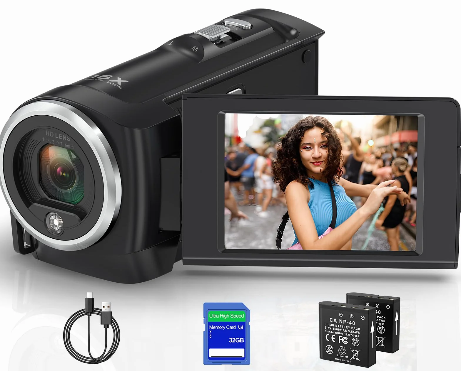 Caméra vidéo 2.7K 56MP avec éclairage LED, Zoom numérique 16X, Écran LCD 2,8", Carte SD 32 Go, 2 Piles