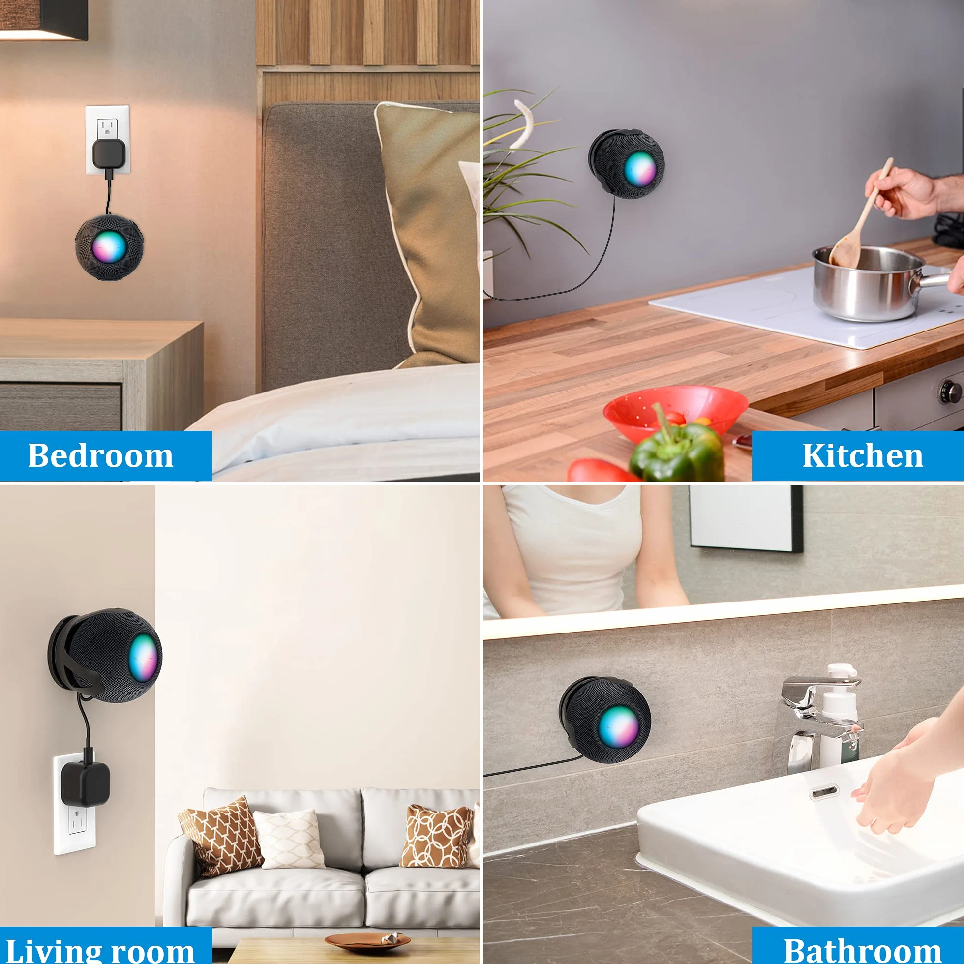 PlusAcc Lot de 2 support muraux pour Homepod Mini – Support avec 2 méthodes d'installation, gestion des cordons intégré, adapté pour chambre à coucher, cuisine, salon, noir