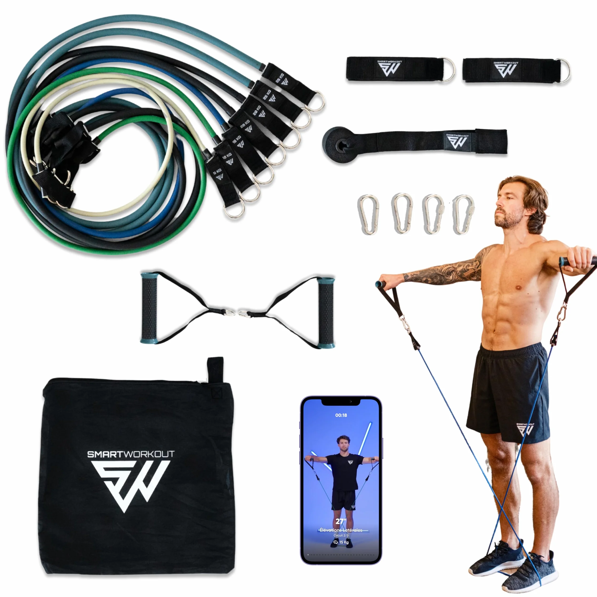 Kit d’Élastiques de Musculation 7 Bandes de Résistance Ajustable 5-120 kg avec Poignées, Sangles de Cheville, Ancrage de Porte