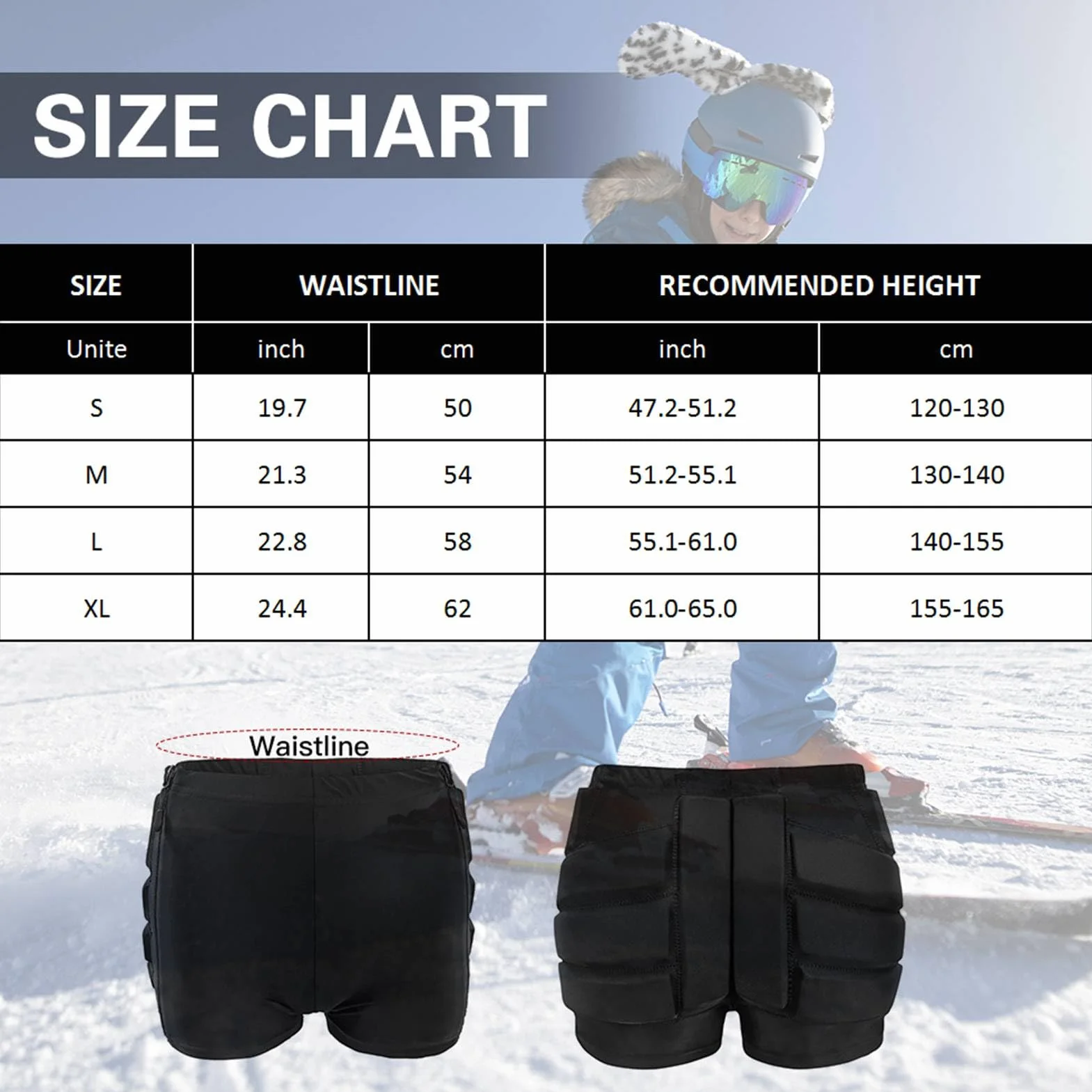 Short rembourré protection hanches fesses coccyx snowboard skate ski amovible respirant