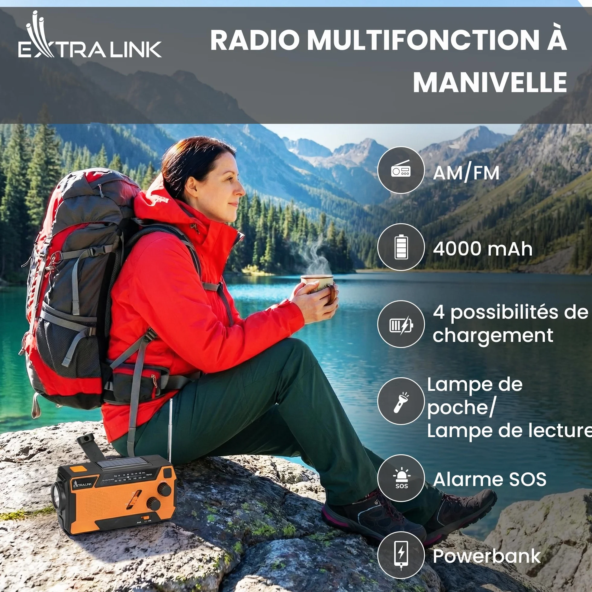 Radio Portable d'Urgence à Manivelle avec Panneau Solaire 4000mAh FM/AM Torche LED SOS Extralink