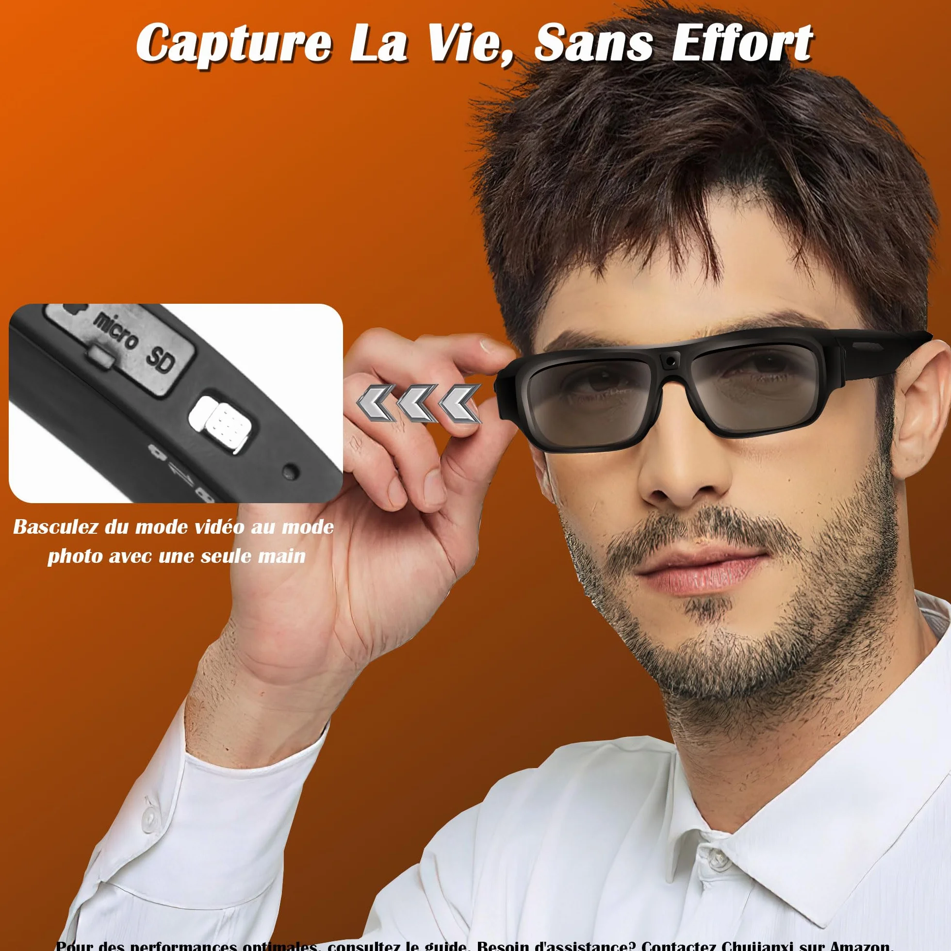Lunettes avec Caméra 4K, Innovantes High-Tech Lunettes Camera de Sport pour l'extérieur, Lunettes de Soleil Vidéo avec Protection UV400, Support Photo/Vidéo, Opération à une Touche